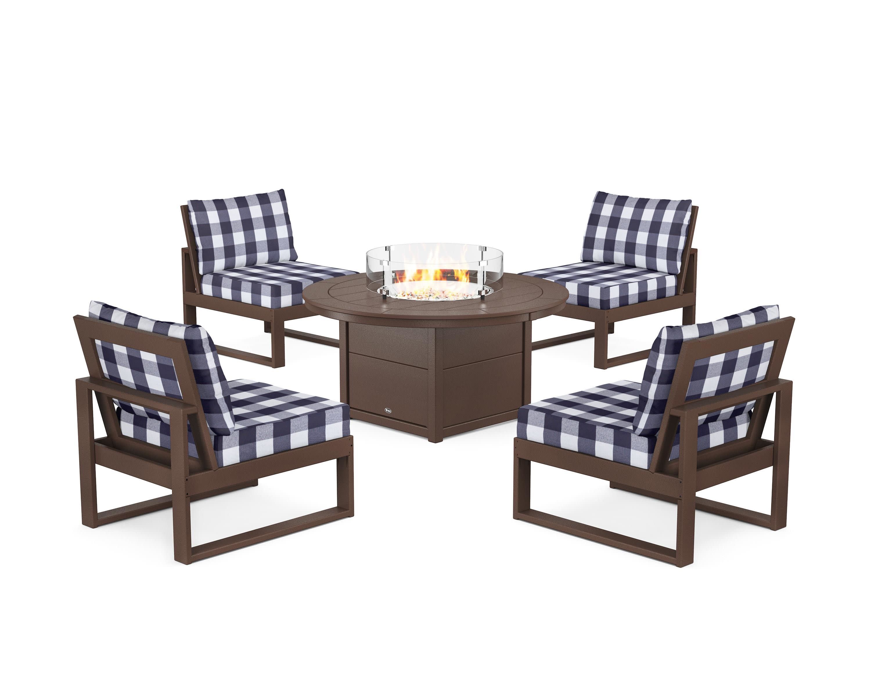 Eastport Modular 5-Piece Deep Seating Set with Round Fire Pit Table in Vintage Lantern / Buffalo Plaid Navy