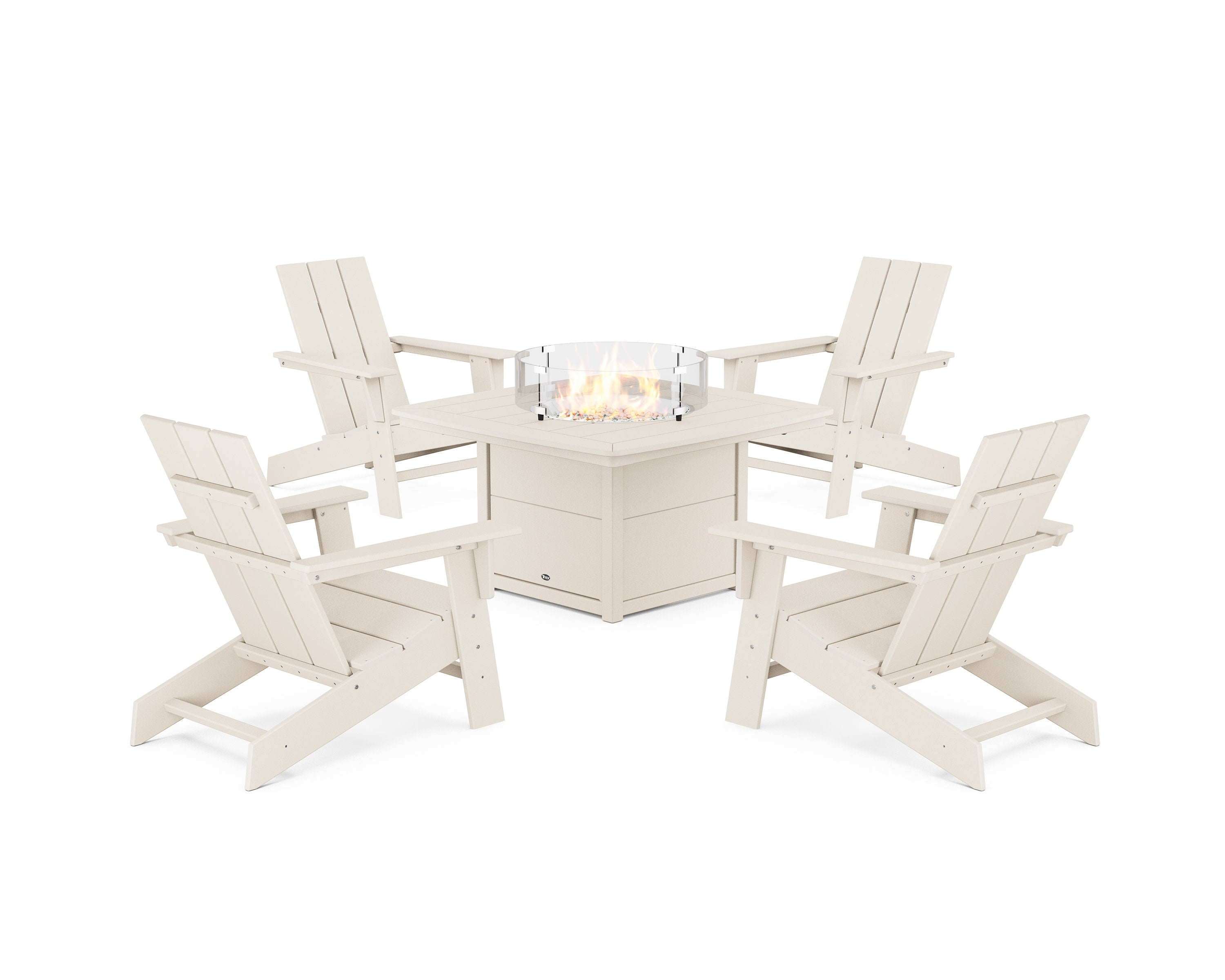 Eastport Modern Adirondack 5-Piece Set with Yacht Club Fire Pit Table in Sand Castle