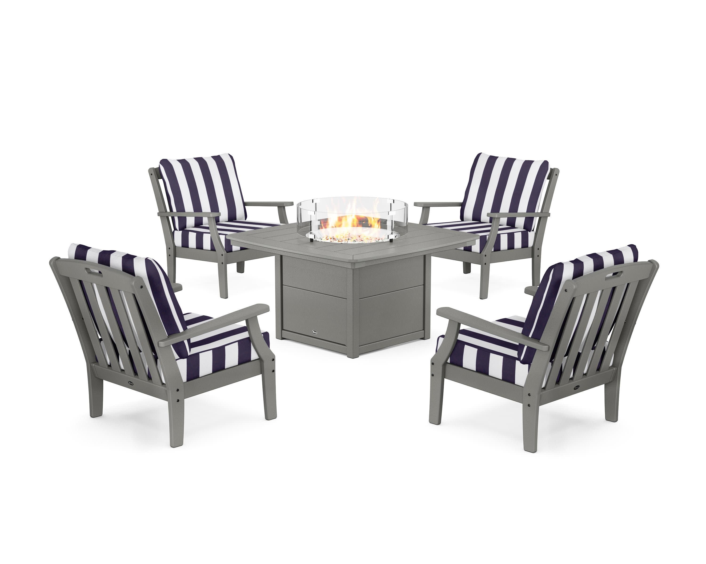Yacht Club 5-Piece Deep Seating Set with Fire Pit Table in Stepping Stone / Cabana Stripe Navy