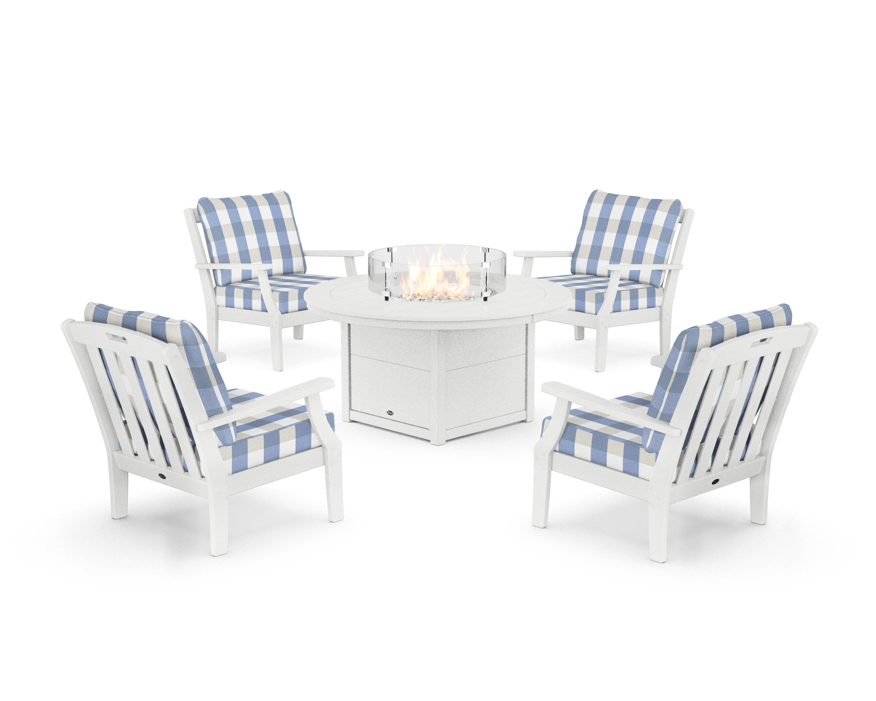 Yacht Club 5-Piece Deep Seating Set with Round Fire Pit Table in Classic White / Buffalo Plaid Sky Blue