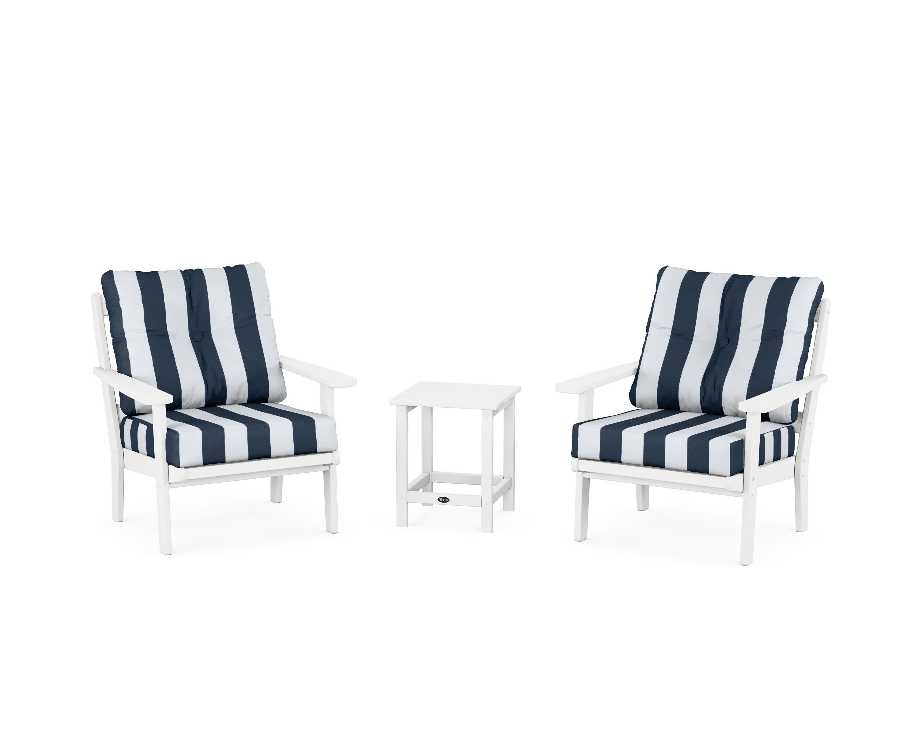 Cape Cod 3-Piece Deep Seating Set in Classic White / Cabana Stripe Marine Indigo