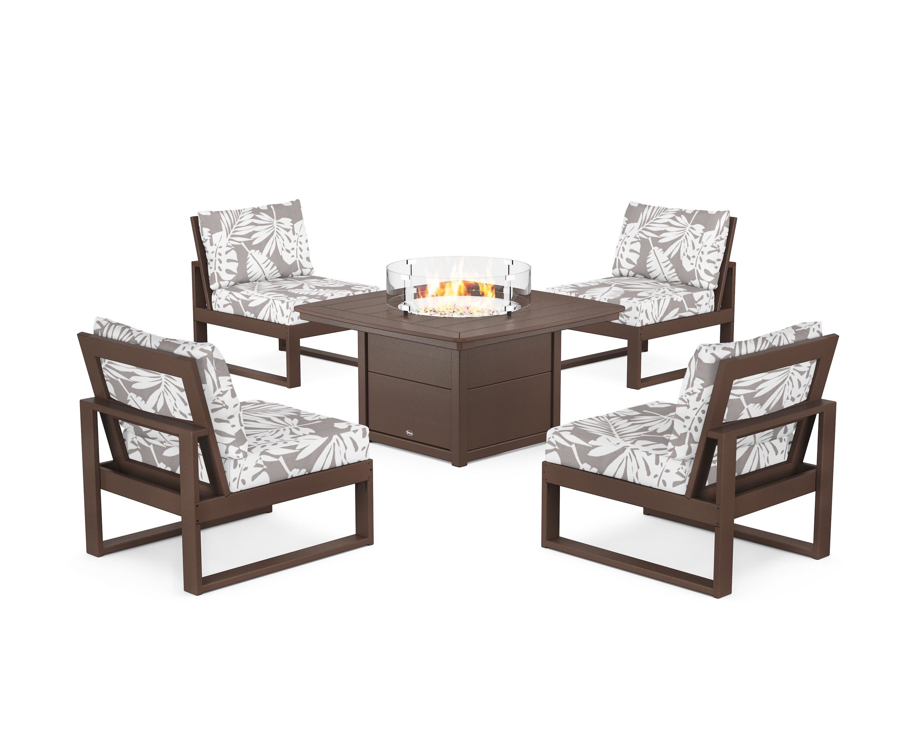 Eastport Modular 5-Piece Deep Seating Set with Yacht Club Fire Pit Table in Vintage Lantern / Leaf Grey Mist