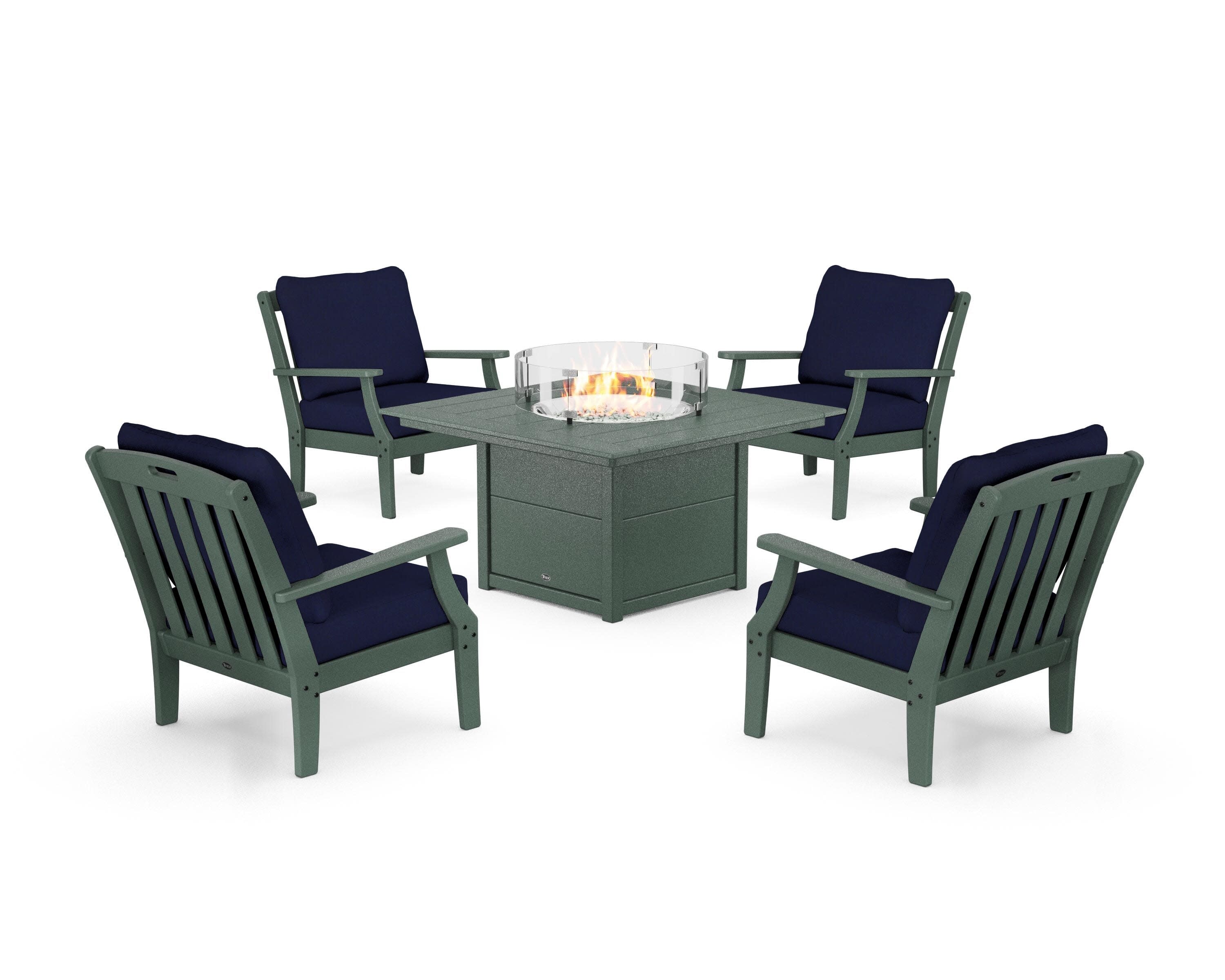 Yacht Club 5-Piece Deep Seating Set with Square Fire Pit Table in Rainforest Canopy / Navy