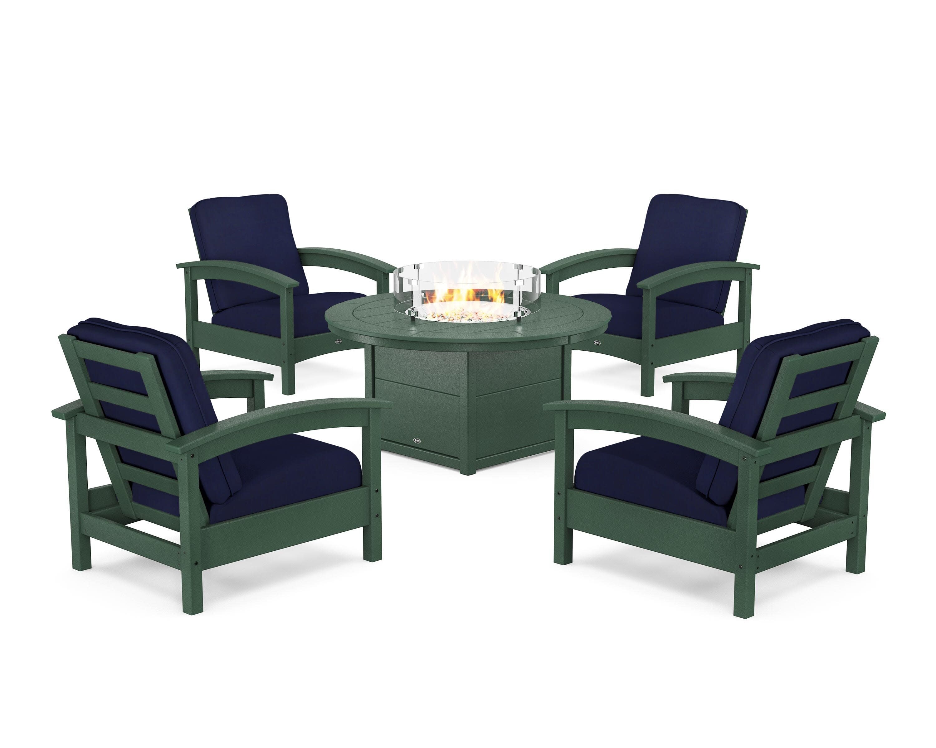Rockport 5-Piece Deep Seating Set with Round Fire Pit Table in Rainforest Canopy / Navy