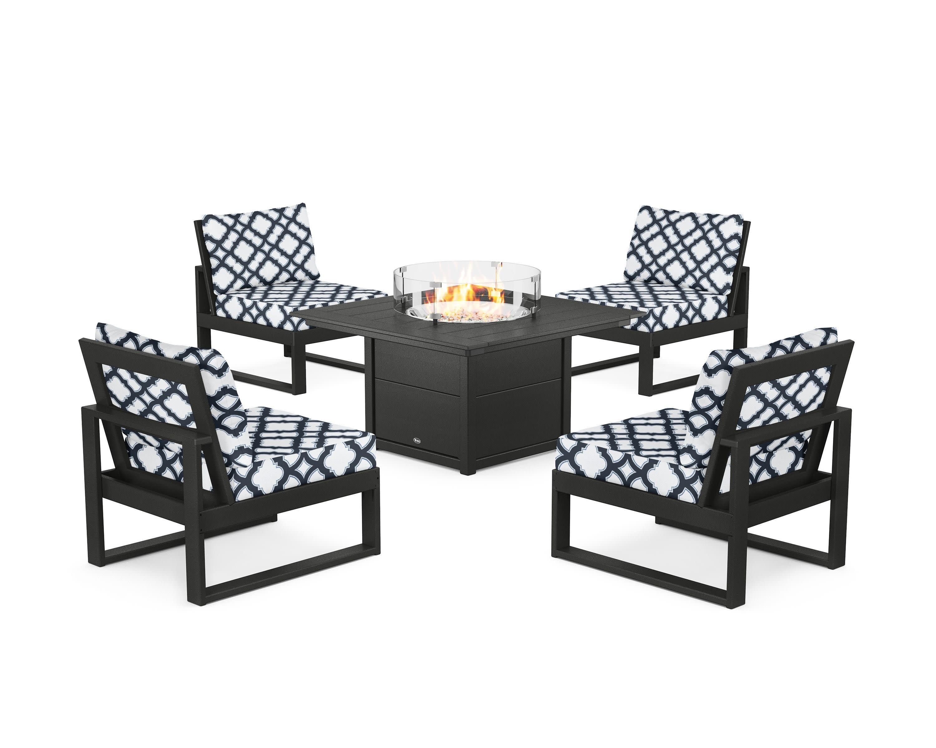 Eastport Modular 5-Piece Deep Seating Set with Square Fire Pit Table in Charcoal Black / Trellis Marine Indigo