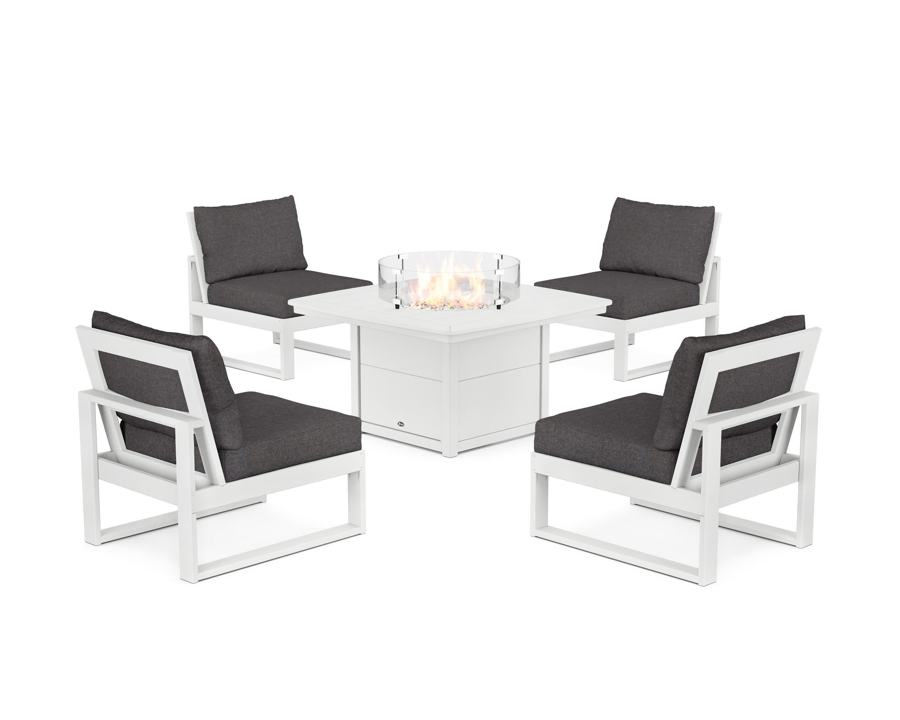 Eastport Modular 5-Piece Deep Seating Set with Yacht Club Fire Pit Table in Classic White / Ash Charcoal