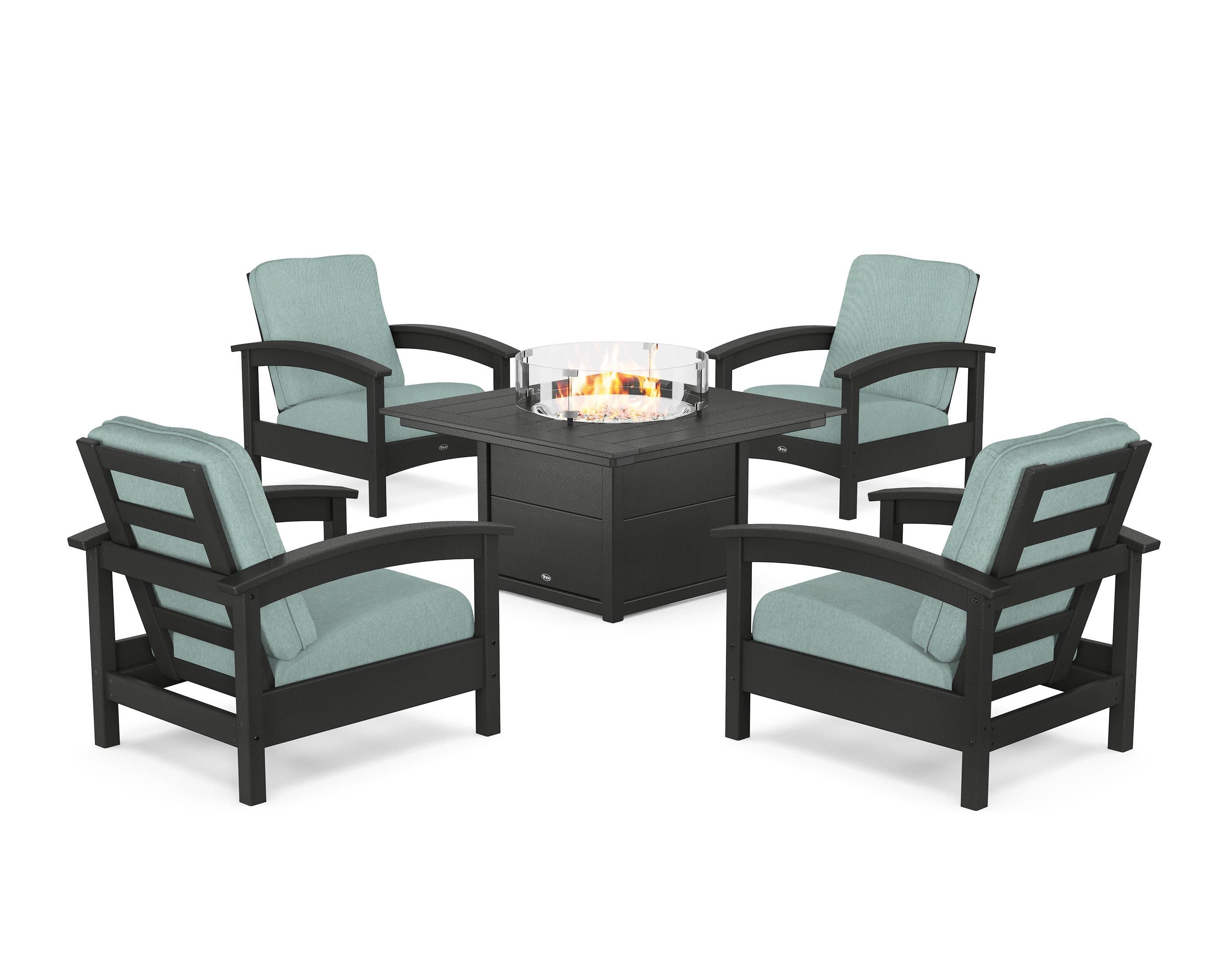 Rockport 5-Piece Deep Seating Set with Square Fire Pit Table in Charcoal Black / Glacier Spa
