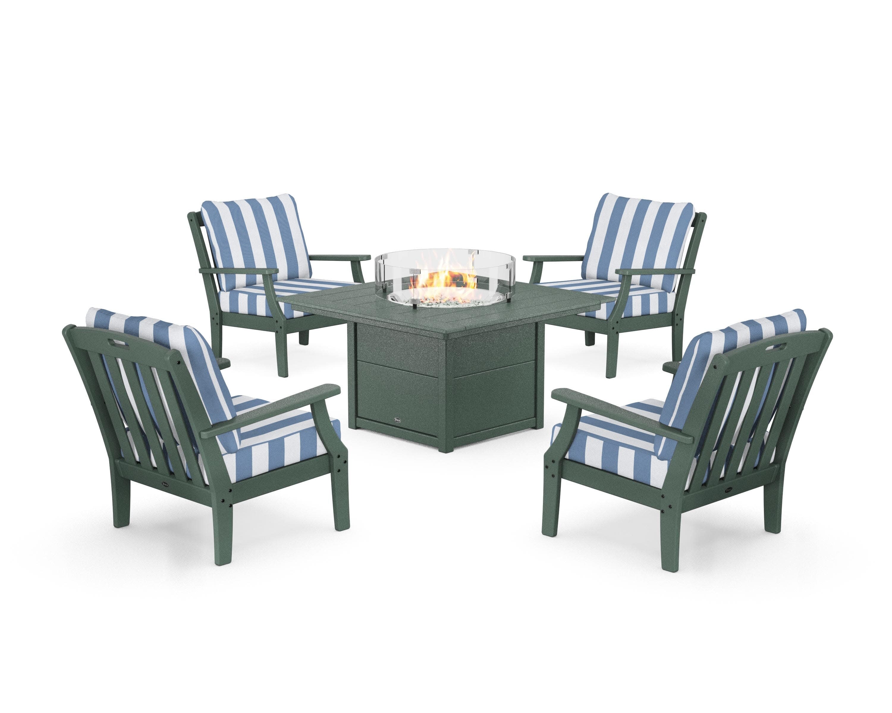 Yacht Club 5-Piece Deep Seating Set with Square Fire Pit Table in Rainforest Canopy / Cabana Stripe Sky Blue