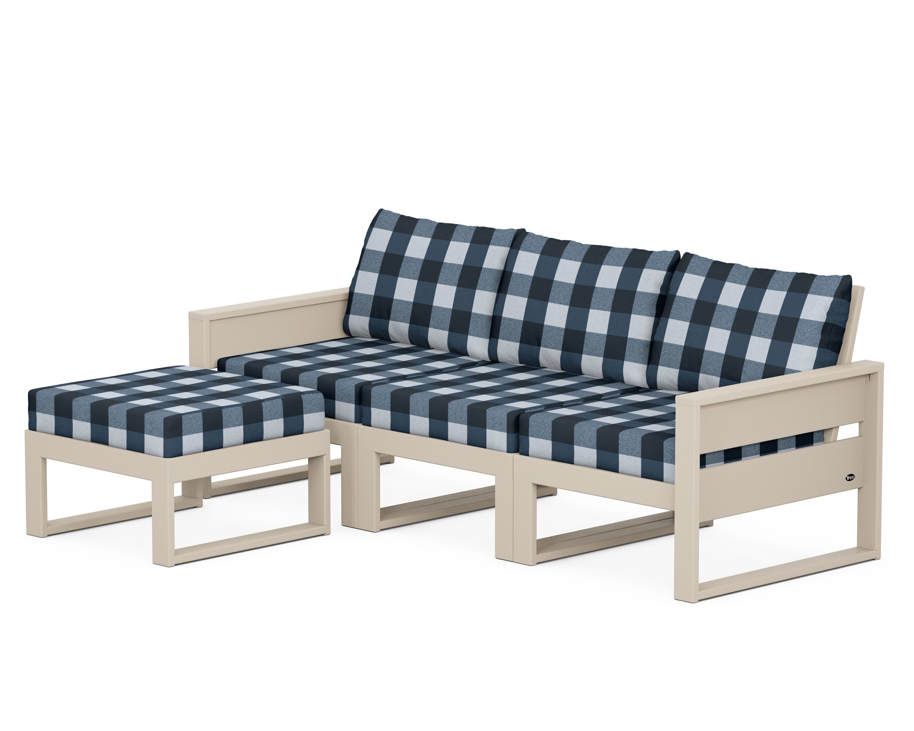 Eastport 4- Piece Sectional with Ottoman in Sand Castle / Buffalo Plaid Marine Indigo
