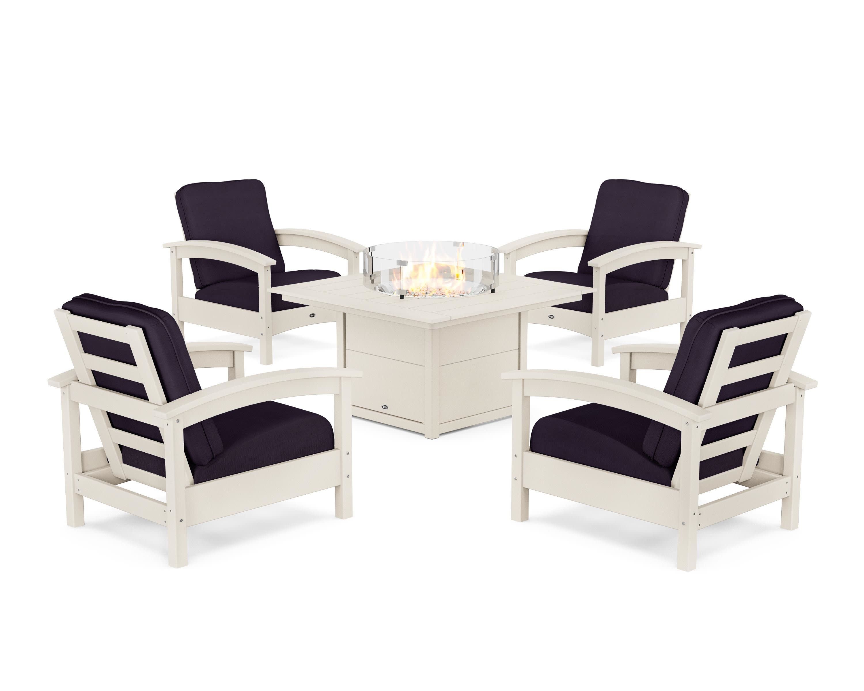 Rockport 5-Piece Deep Seating Set with Square Fire Pit Table in Sand Castle / Navy Linen