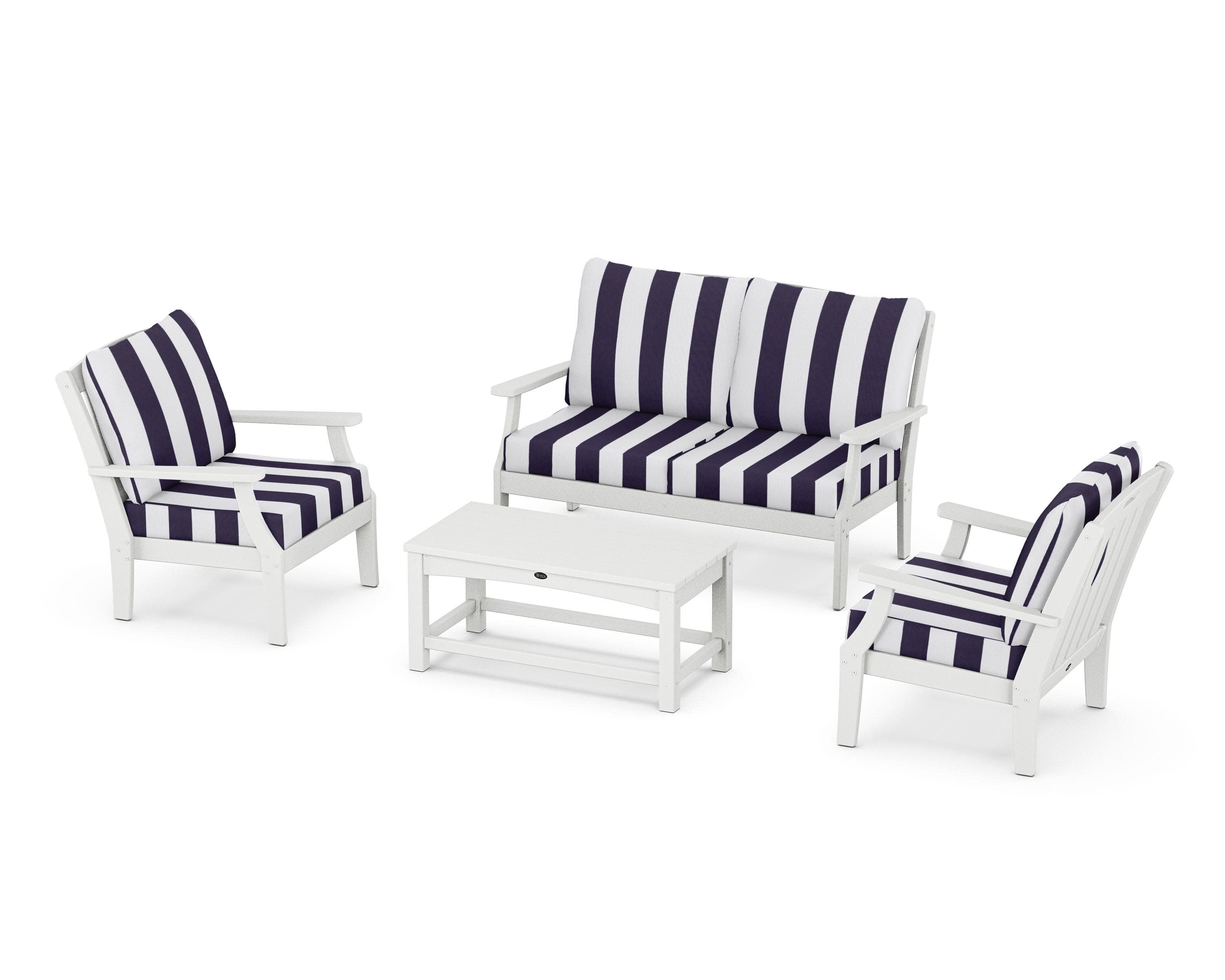 Yacht Club 4-Piece Deep Seating Chair Set in Classic White / Cabana Stripe Navy
