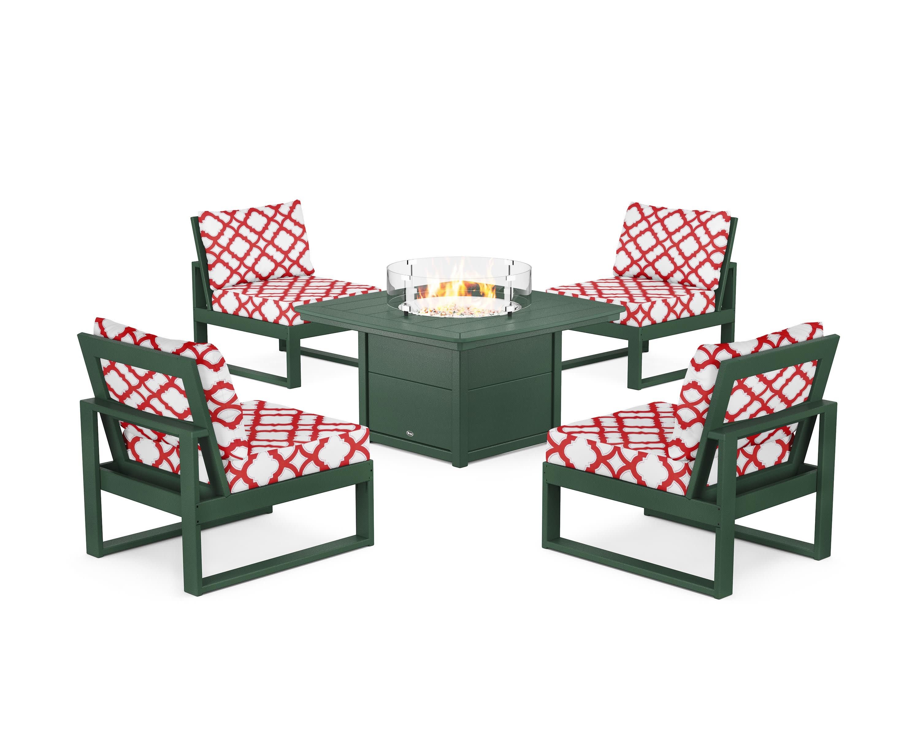 Eastport Modular 5-Piece Deep Seating Set with Yacht Club Fire Pit Table in Rainforest Canopy / Trellis Crimson