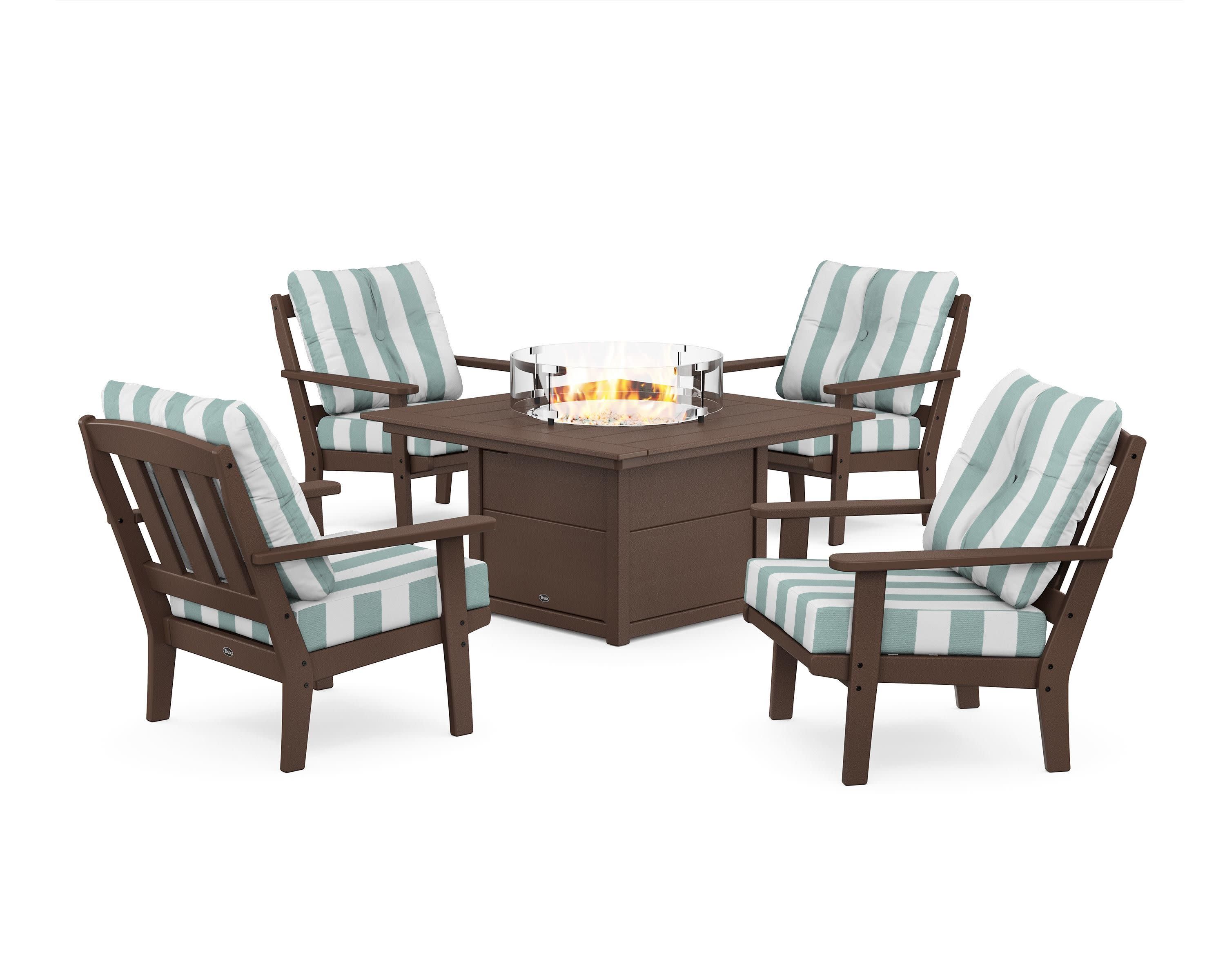 Cape Cod 5-Piece Deep Seating Set with Fire Pit Table in Vintage Lantern / Cabana Stripe Glacier Spa