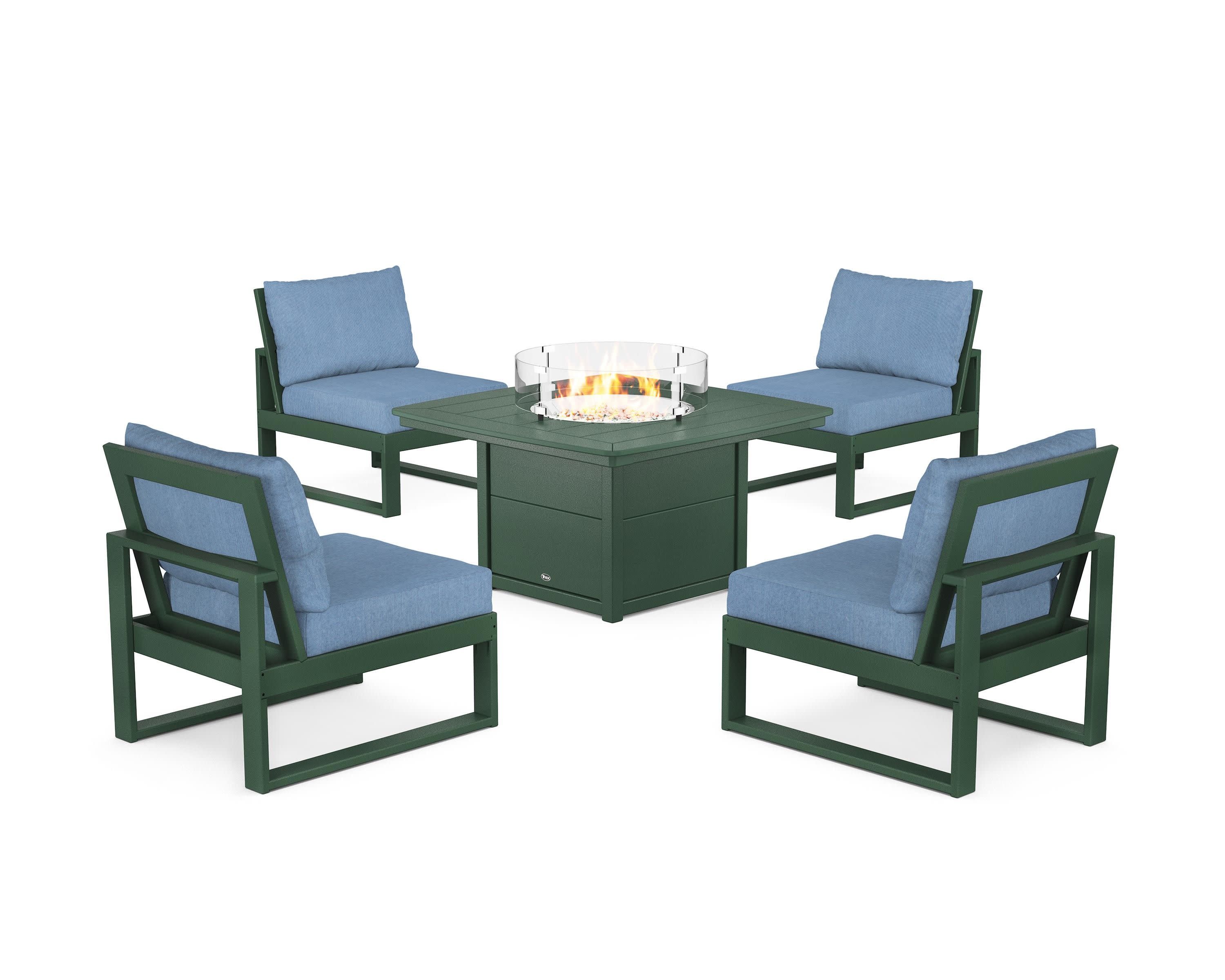Eastport Modular 5-Piece Deep Seating Set with Yacht Club Fire Pit Table in Rainforest Canopy / Sky Blue