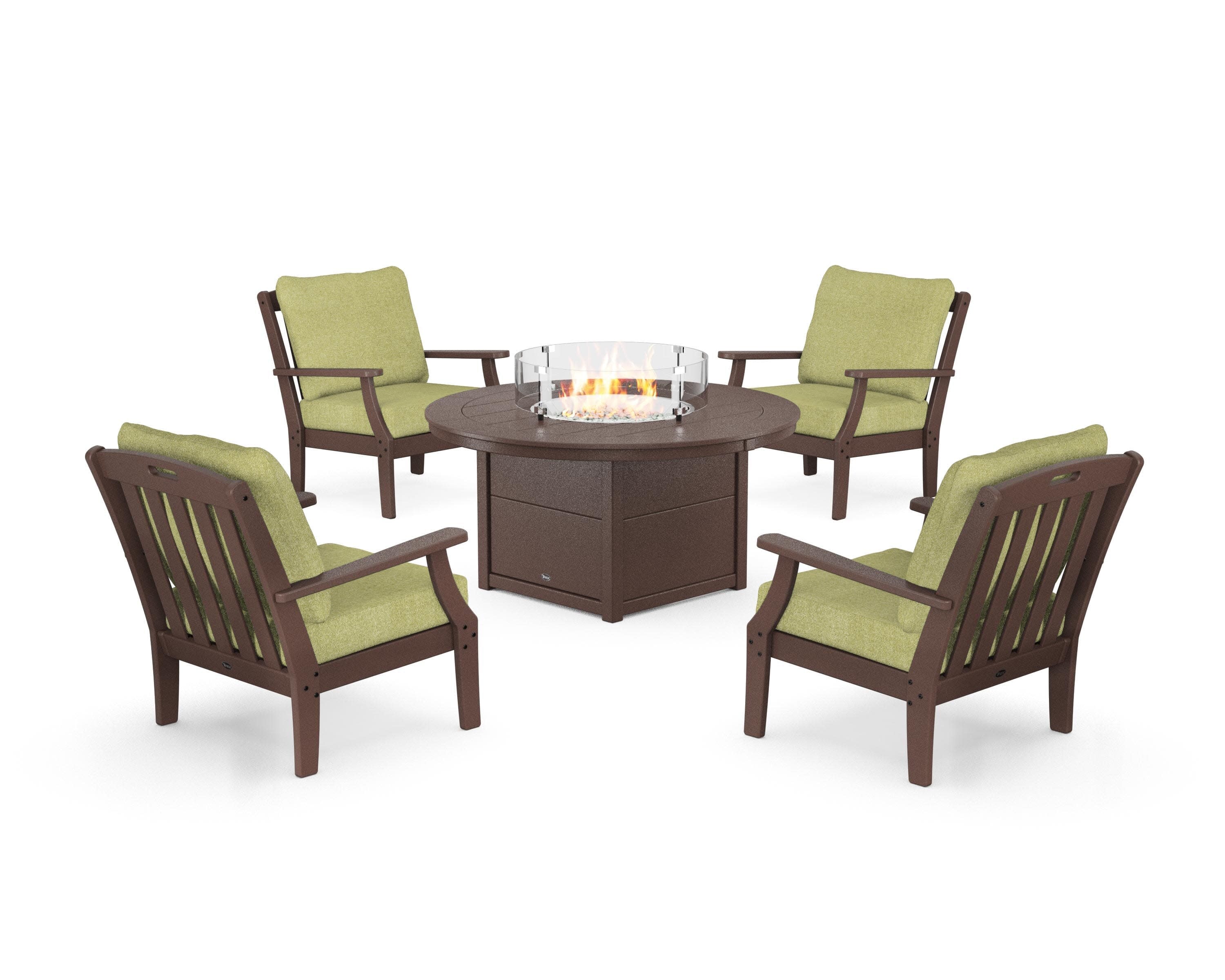 Yacht Club 5-Piece Deep Seating Set with Round Fire Pit Table in Vintage Lantern / Chartreuse Boucle