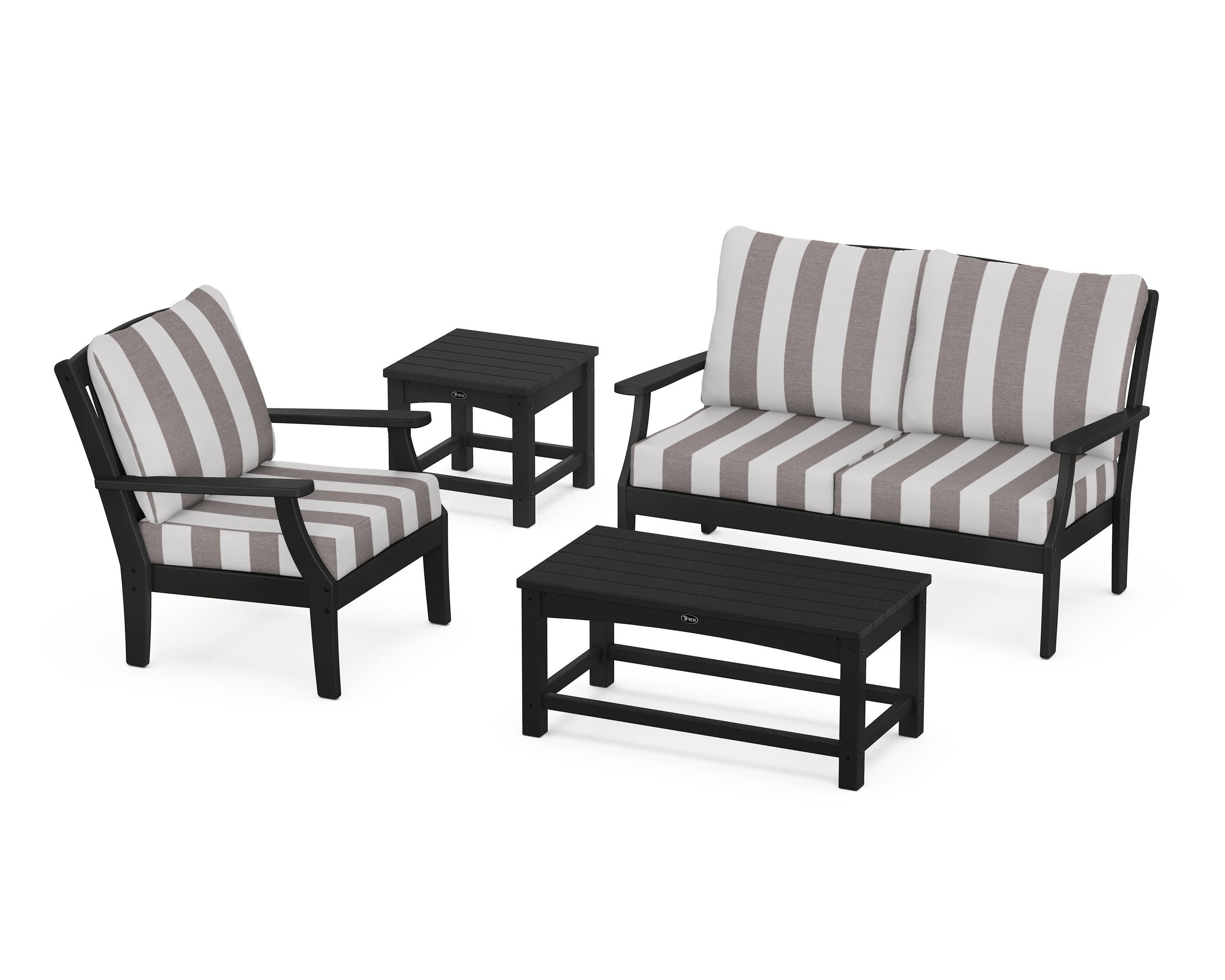 Yacht Club 4-Piece Deep Seating Set in Charcoal Black / Cabana Stripe Grey Mist