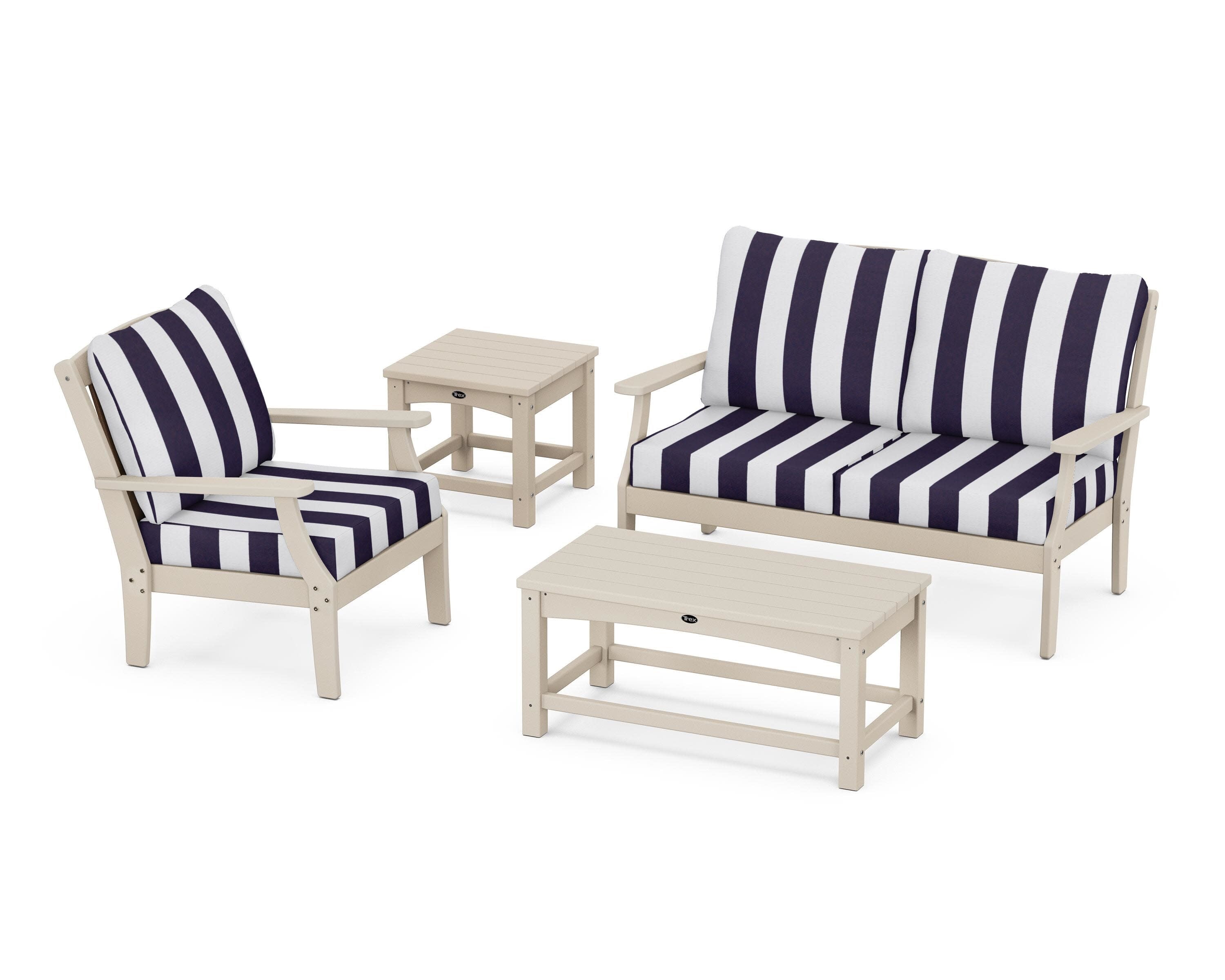 Yacht Club 4-Piece Deep Seating Set in Sand Castle / Cabana Stripe Navy