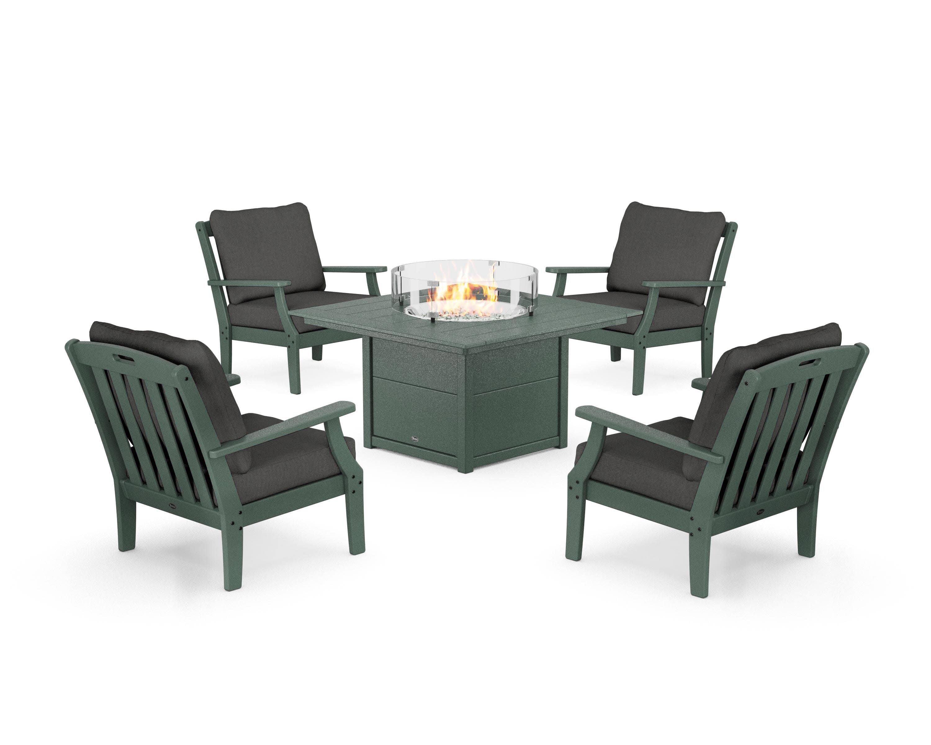Yacht Club 5-Piece Deep Seating Set with Square Fire Pit Table in Rainforest Canopy / Spectrum Carbon