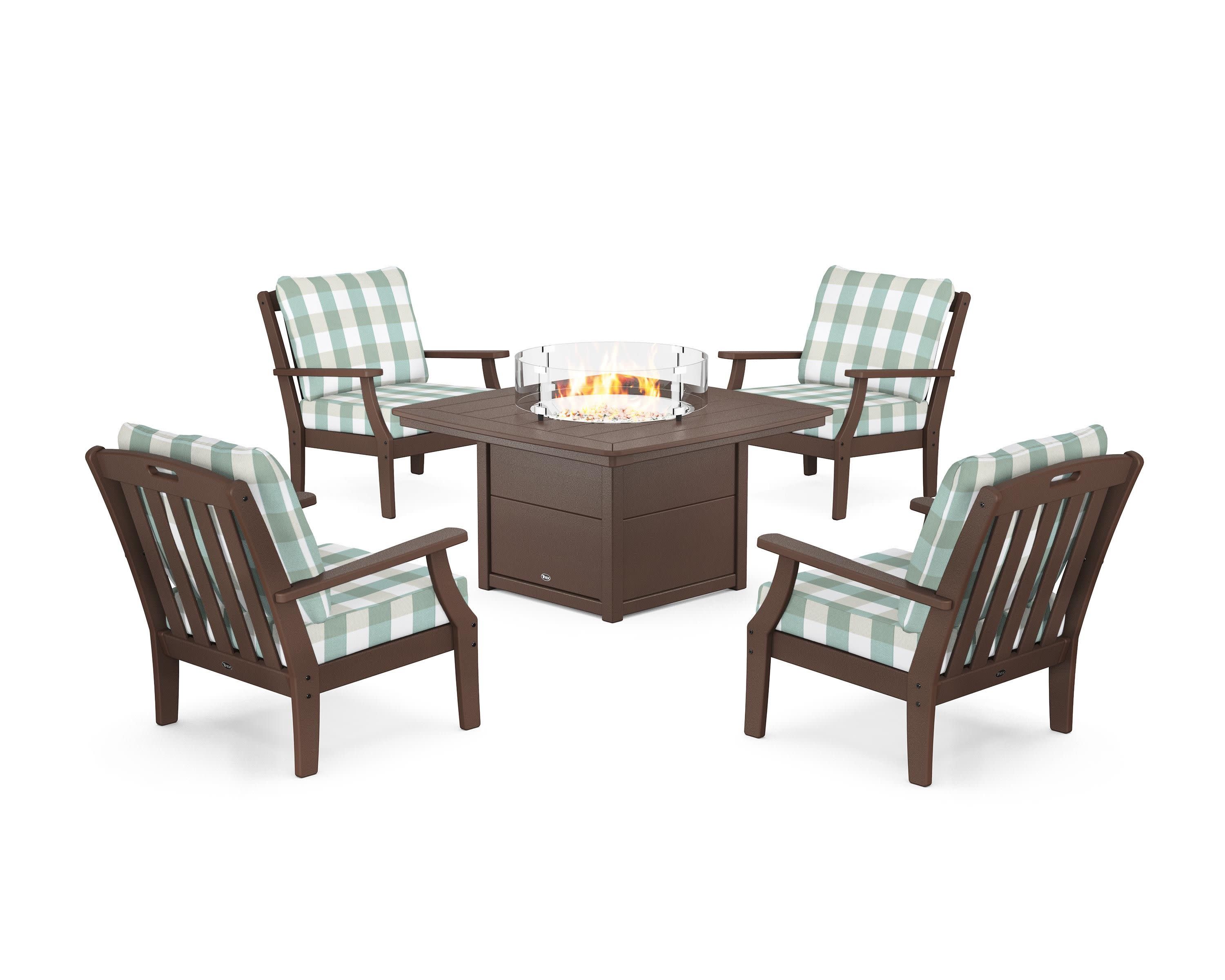 Yacht Club 5-Piece Deep Seating Set with Fire Pit Table in Vintage Lantern / Buffalo Plaid Glacier Spa