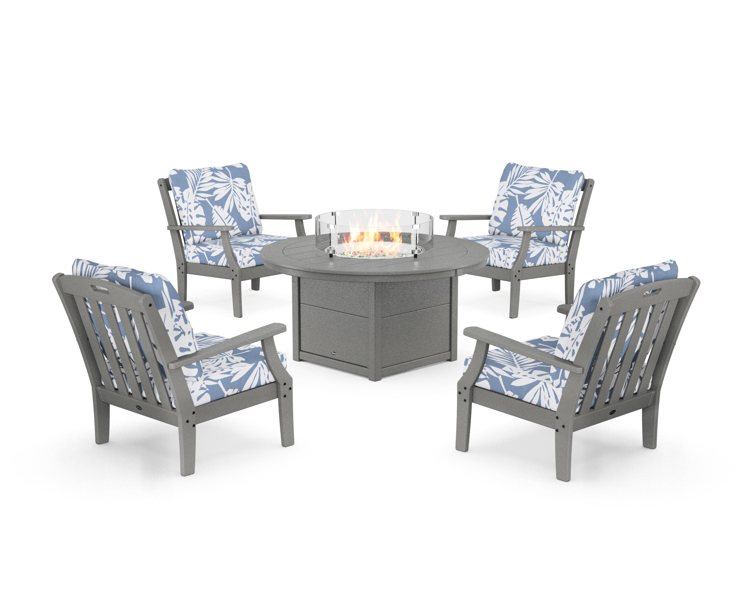 Yacht Club 5-Piece Deep Seating Set with Round Fire Pit Table in Stepping Stone / Leaf Sky Blue