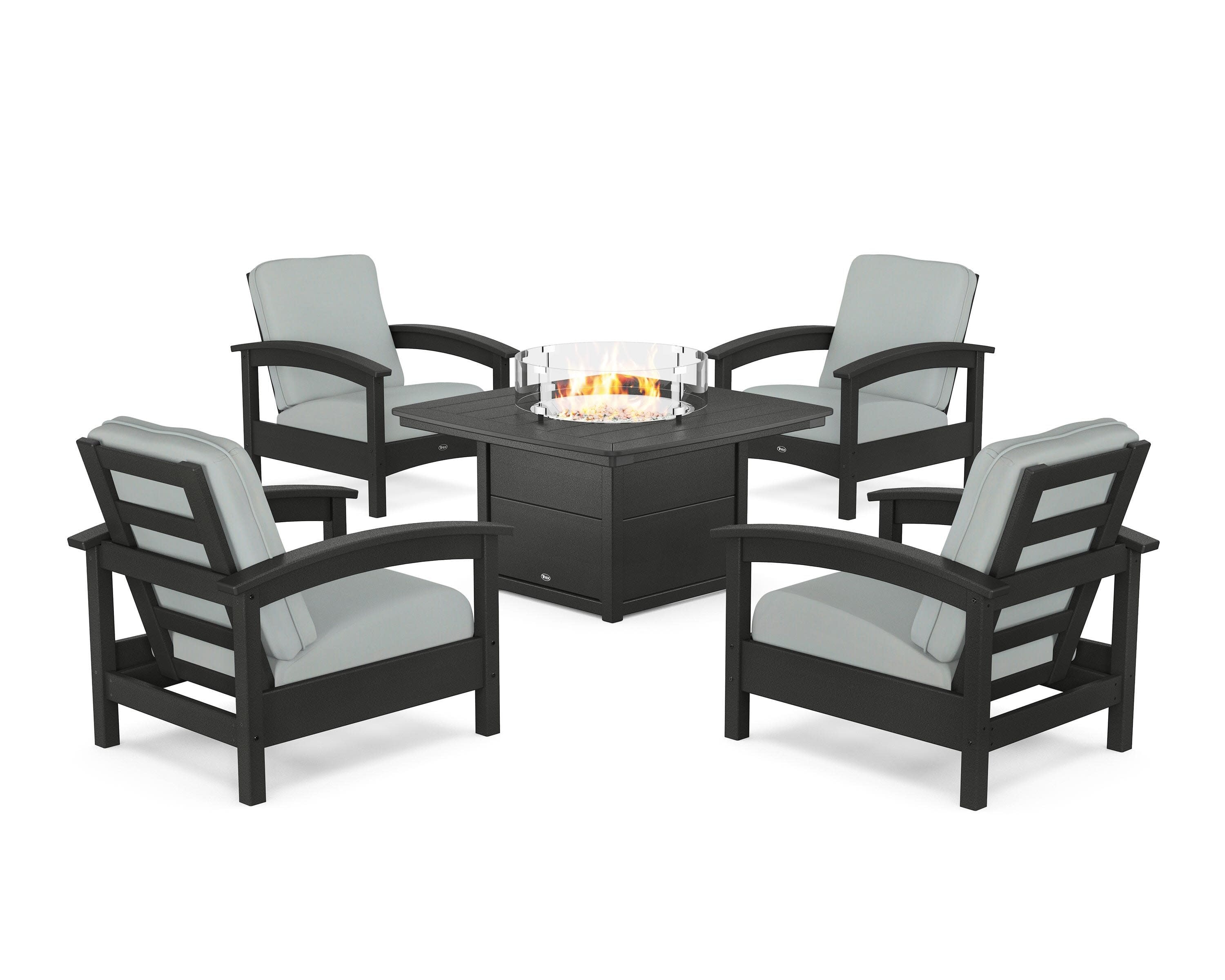 Rockport 5-Piece Deep Seating Set with Yacht Club Fire Pit Table in Charcoal Black / Spa