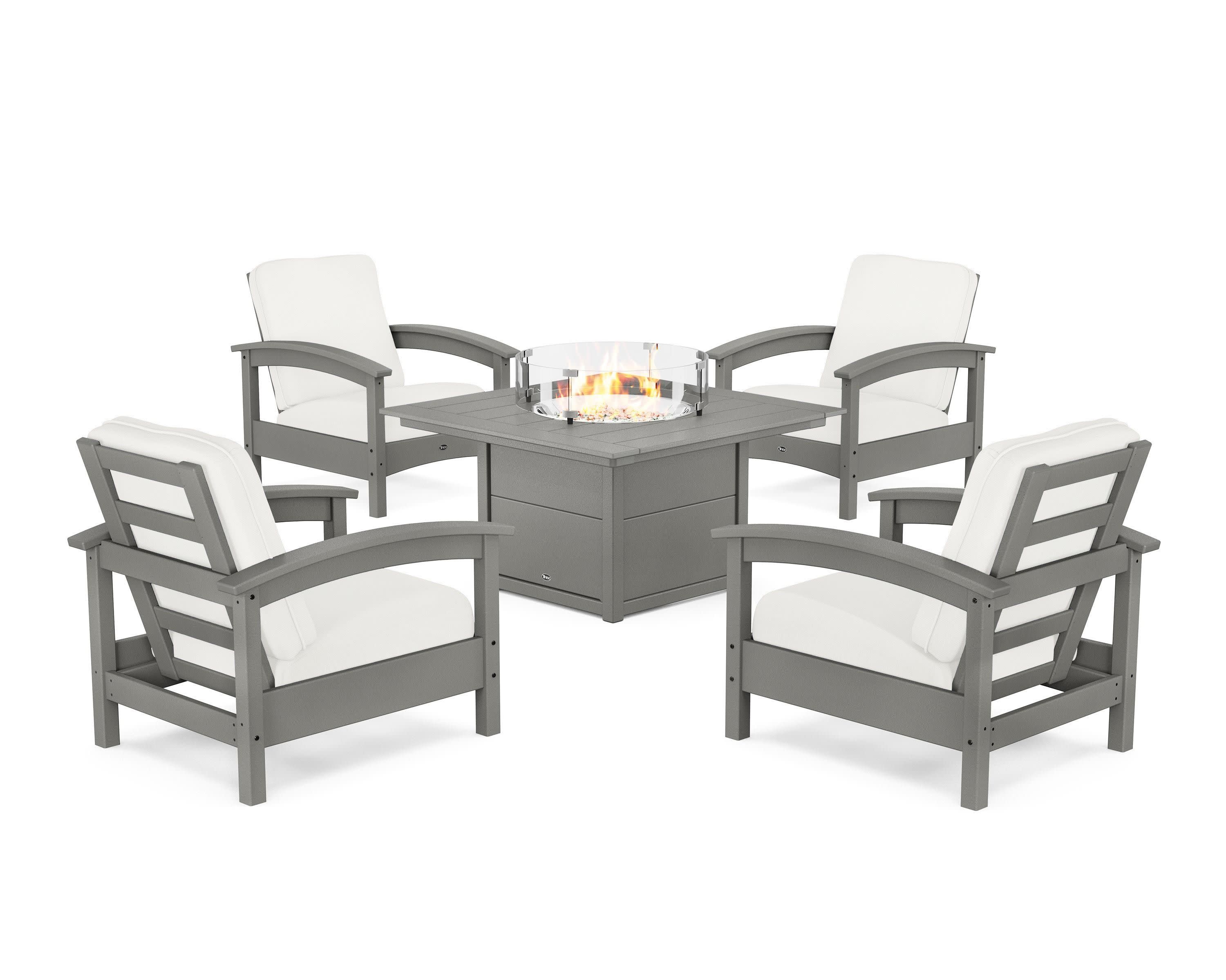 Rockport 5-Piece Deep Seating Set with Square Fire Pit Table in Stepping Stone / Natural Linen