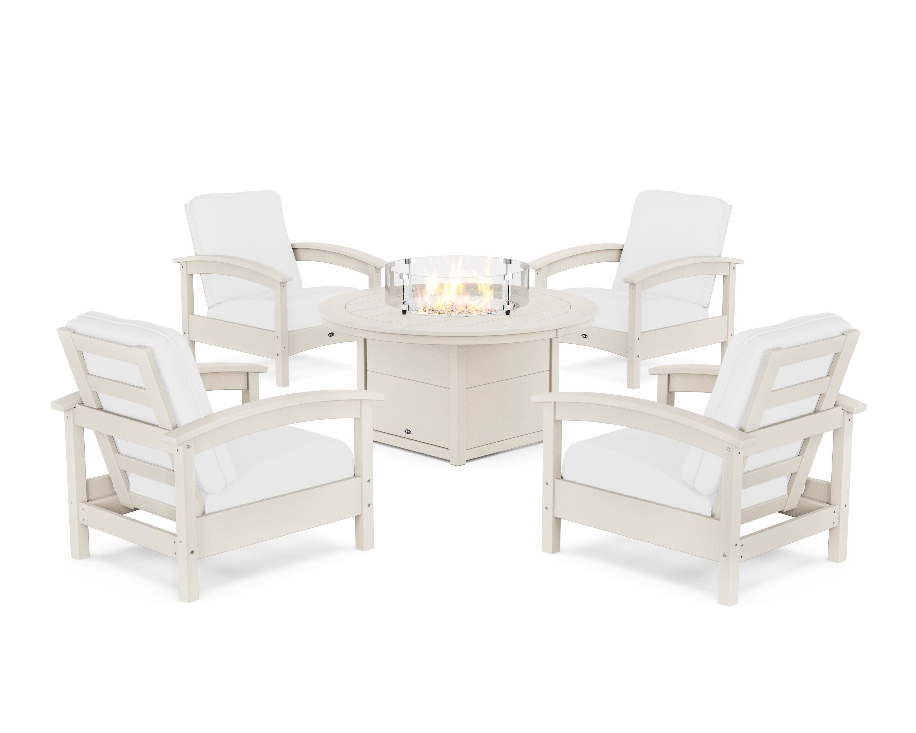 Rockport 5-Piece Deep Seating Set with Round Fire Pit Table in Sand Castle / Natural