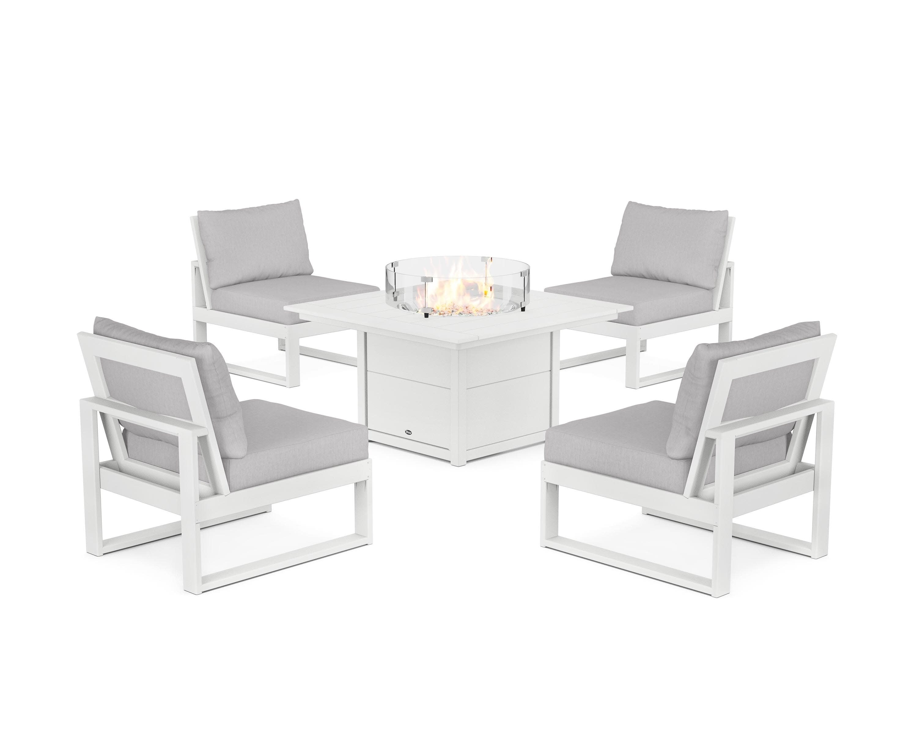 Eastport Modular 5-Piece Deep Seating Set with Square Fire Pit Table in Classic White / Granite