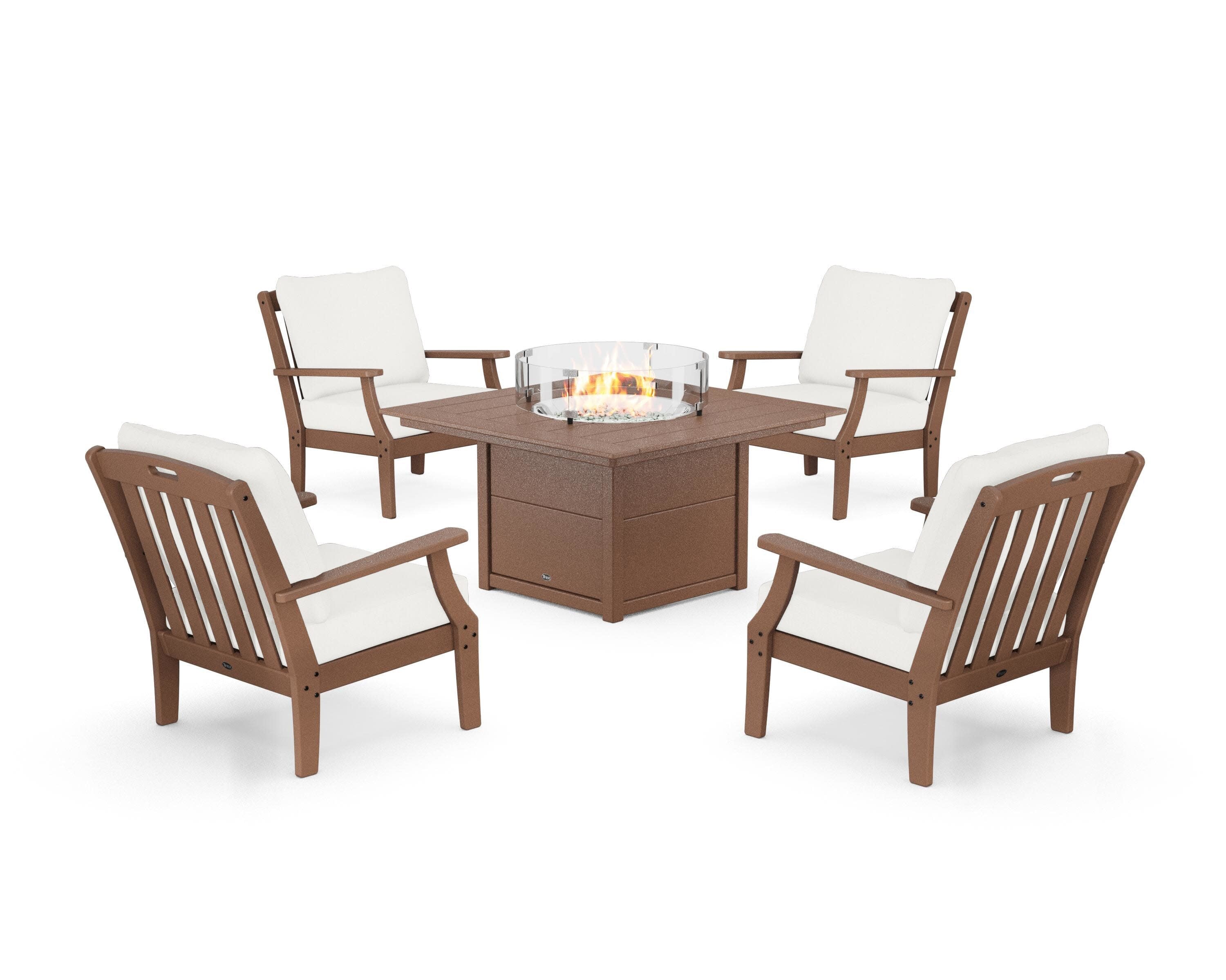 Yacht Club 5-Piece Deep Seating Set with Square Fire Pit Table in Tree House / Natural Linen