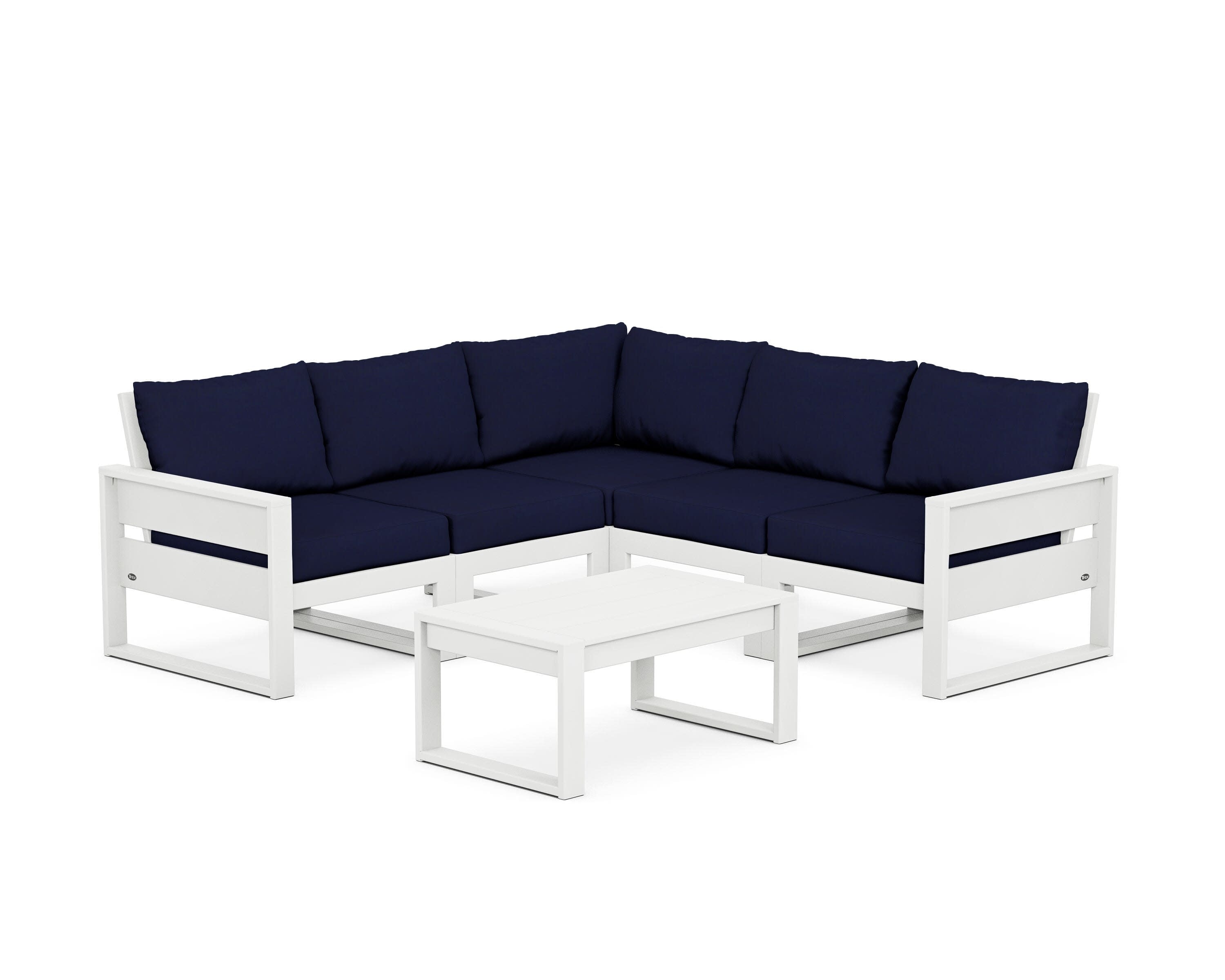 Eastport 6-Piece Deep Seating Sectional + Coffee Table Set in Classic White / Navy