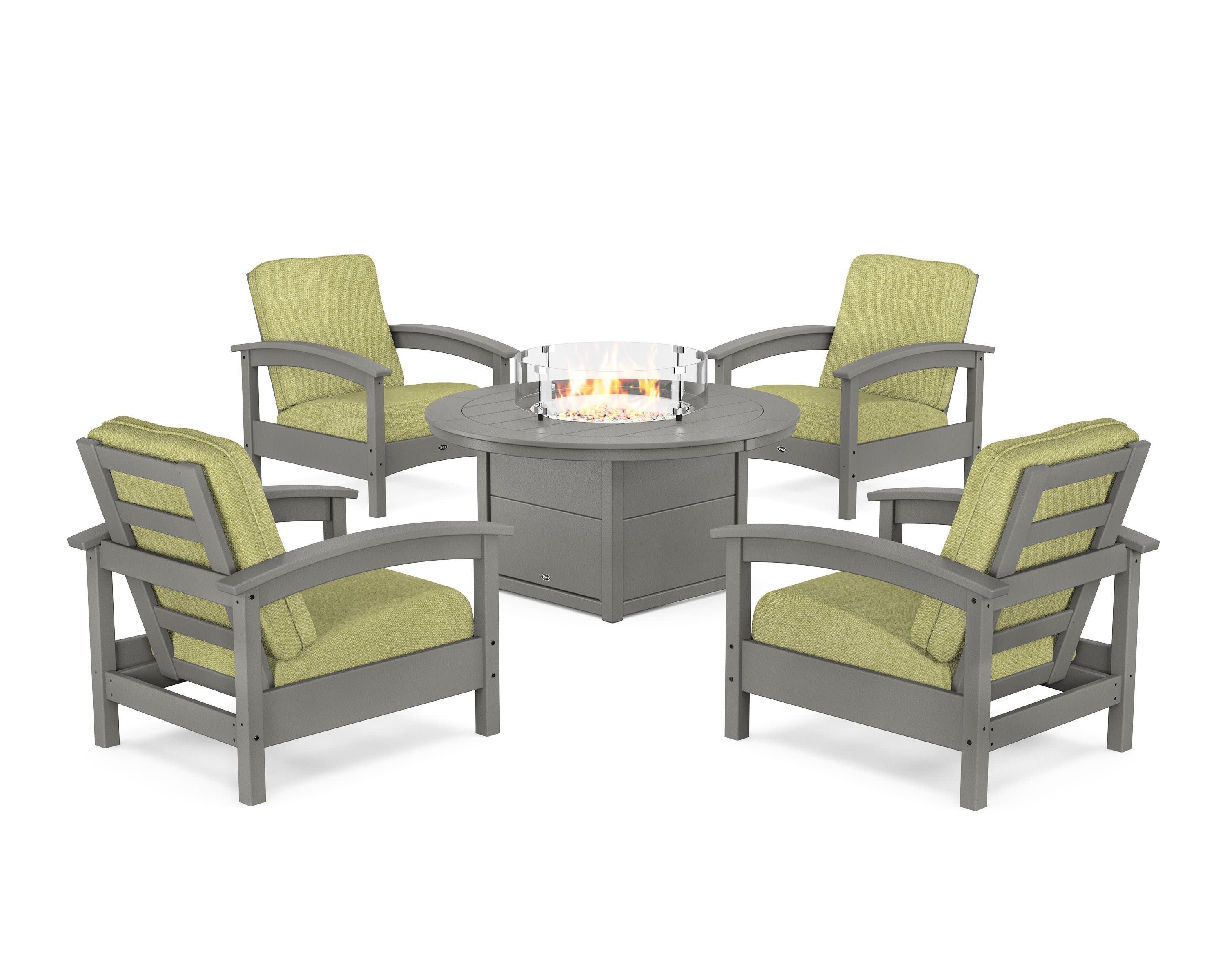Rockport 5-Piece Deep Seating Set with Round Fire Pit Table in Stepping Stone / Chartreuse Boucle