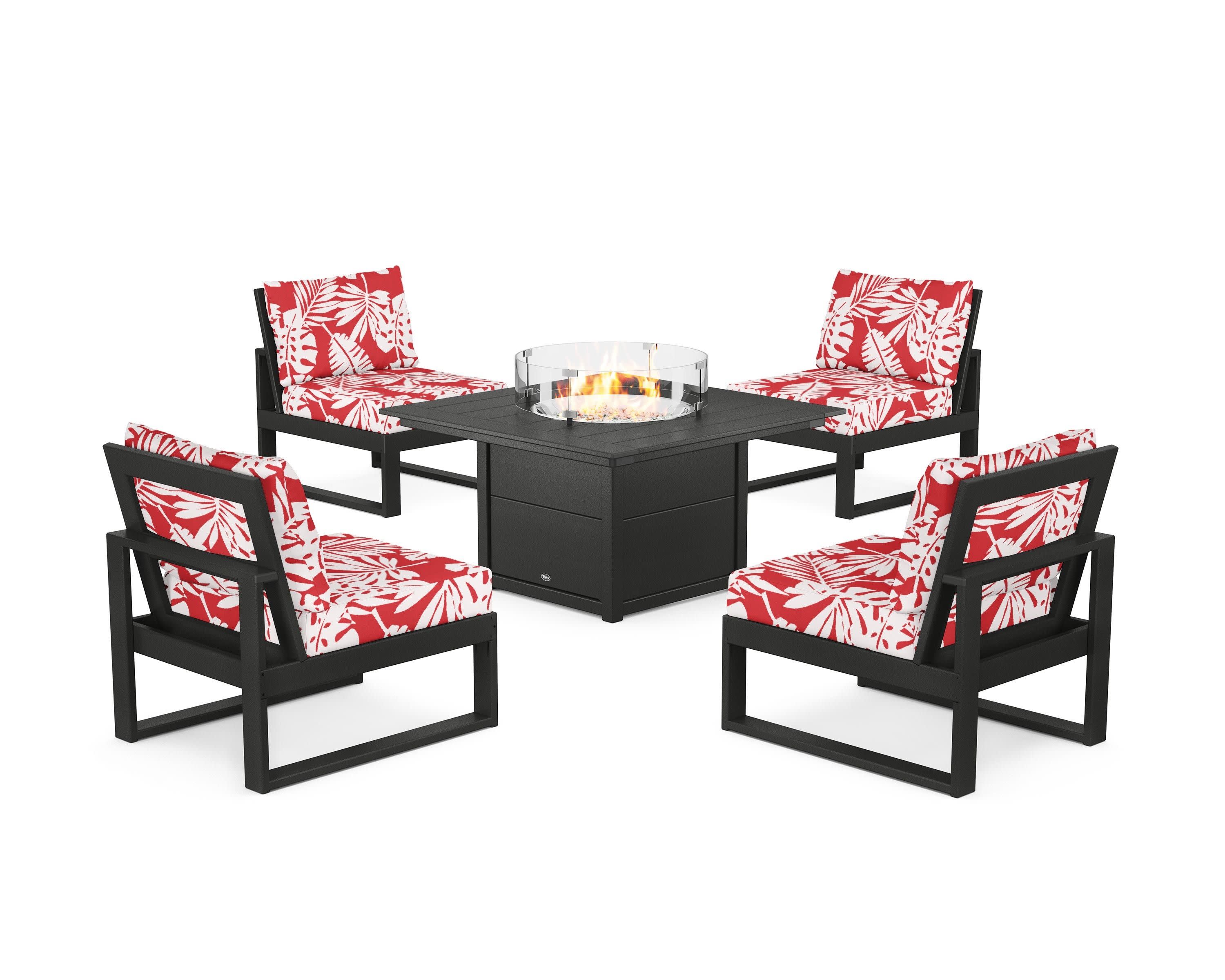 Eastport Modular 5-Piece Deep Seating Set with Square Fire Pit Table in Charcoal Black / Leaf Crimson