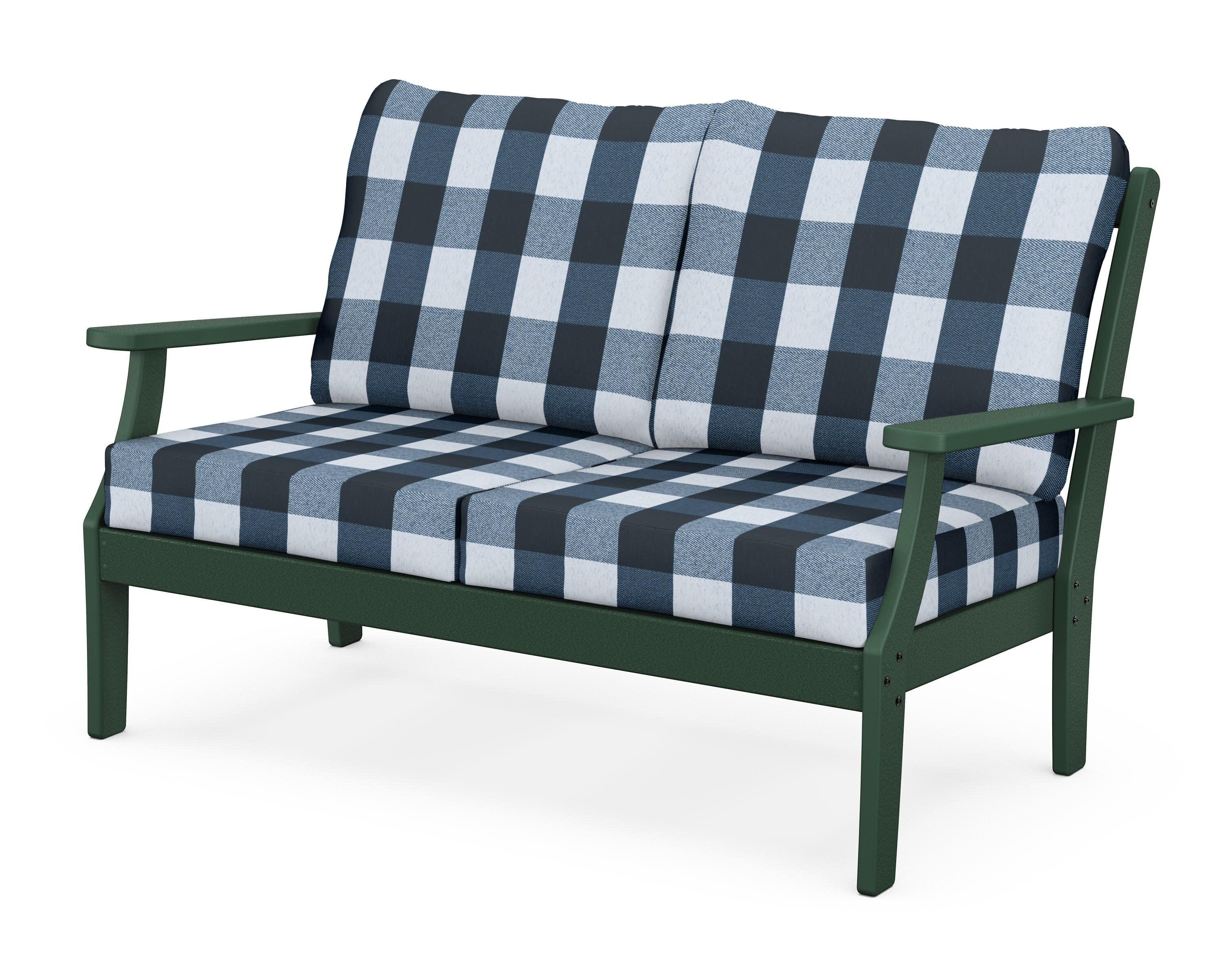 Yacht Club Deep Seating Loveseat in Rainforest Canopy / Buffalo Plaid Marine Indigo