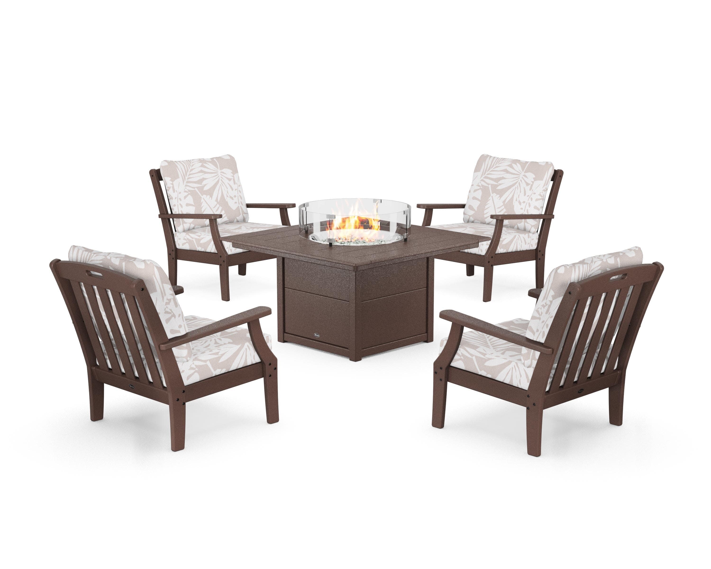 Yacht Club 5-Piece Deep Seating Set with Square Fire Pit Table in Vintage Lantern / Leaf Dune Burlap