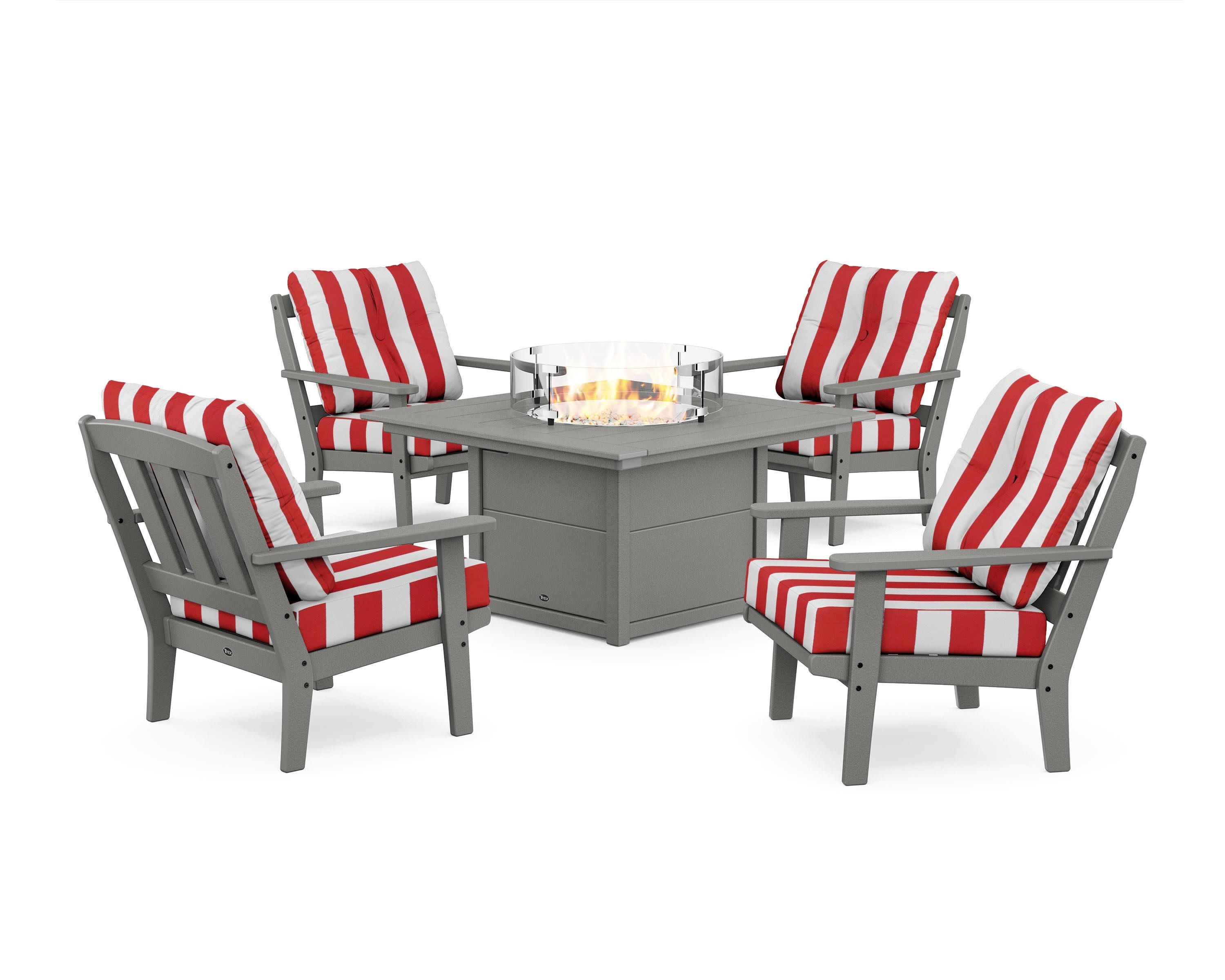 Cape Cod 5-Piece Deep Seating Set with Fire Pit Table in Stepping Stone / Cabana Stripe Crimson