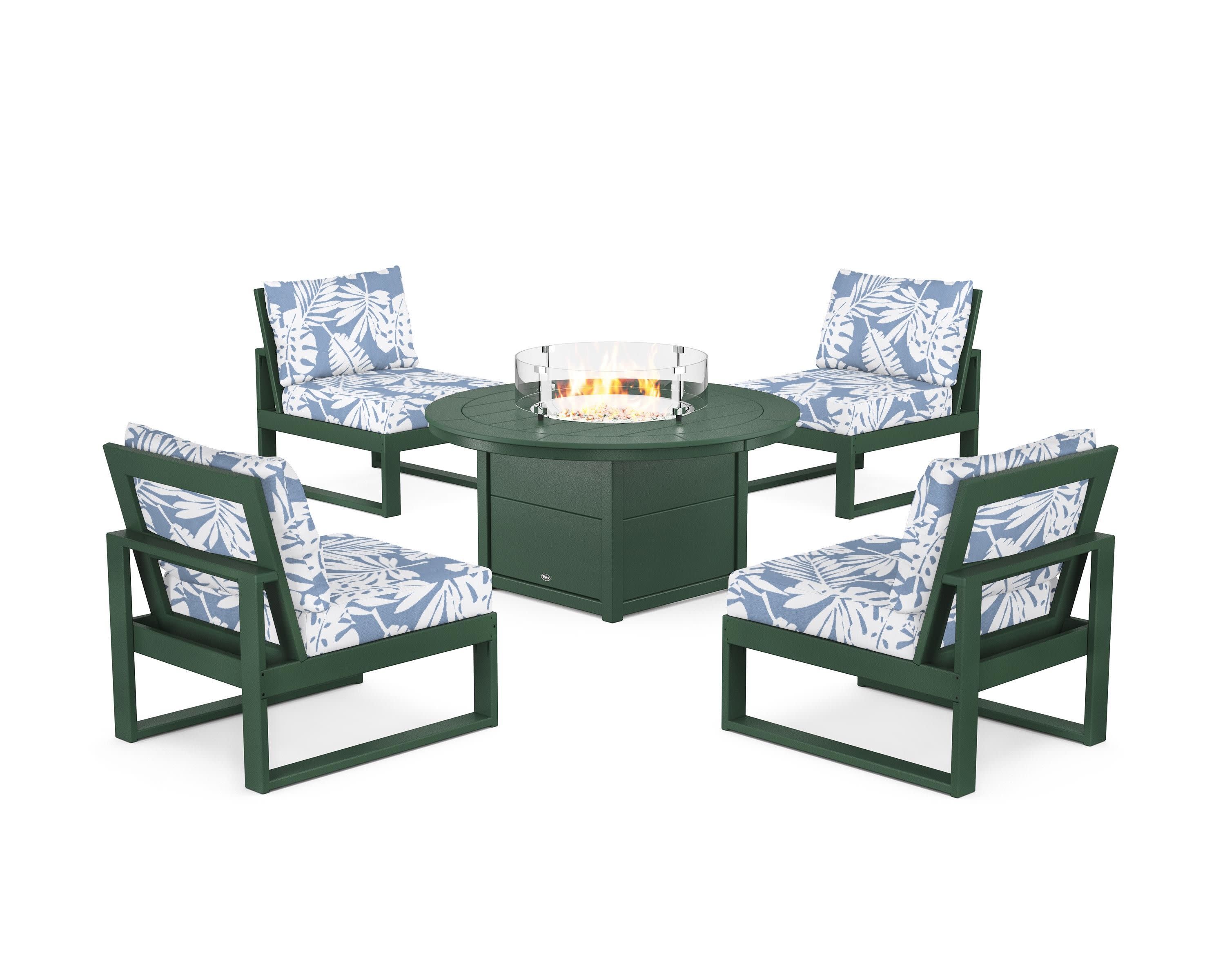 Eastport Modular 5-Piece Deep Seating Set with Round Fire Pit Table in Rainforest Canopy / Leaf Sky Blue