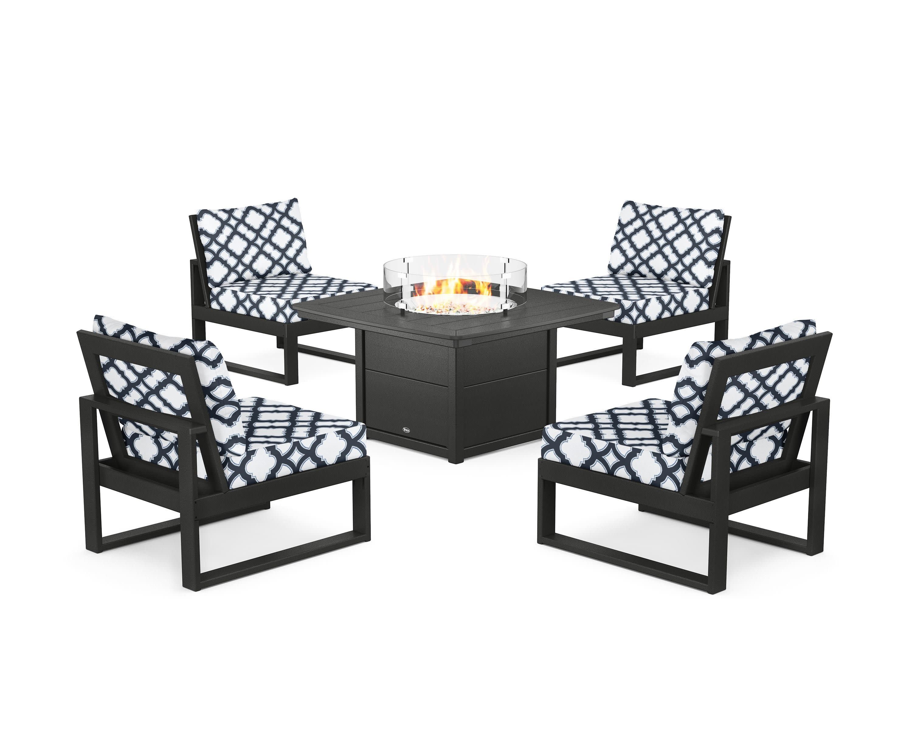 Eastport Modular 5-Piece Deep Seating Set with Yacht Club Fire Pit Table in Charcoal Black / Trellis Marine Indigo