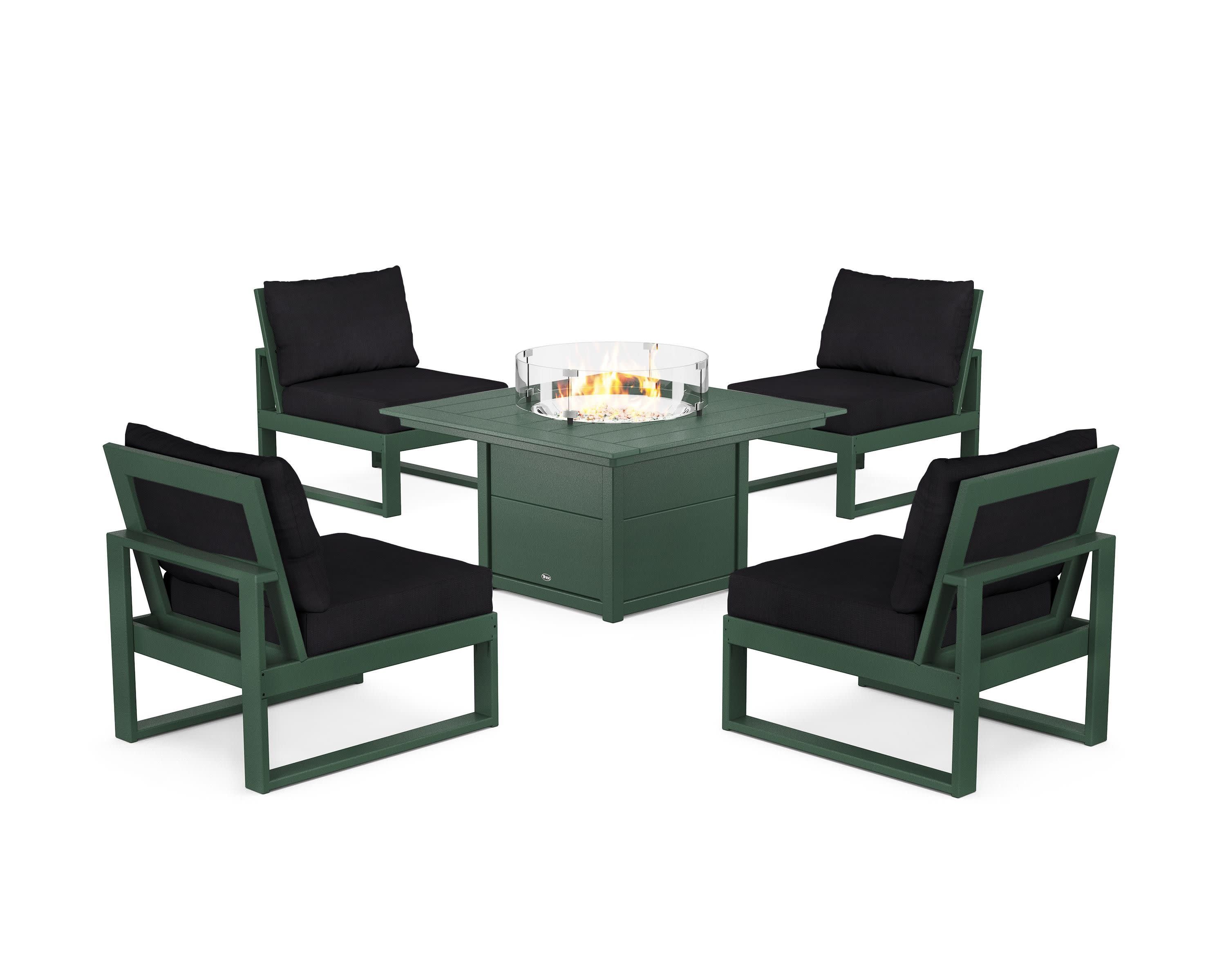 Eastport Modular 5-Piece Deep Seating Set with Square Fire Pit Table in Rainforest Canopy / Midnight Linen