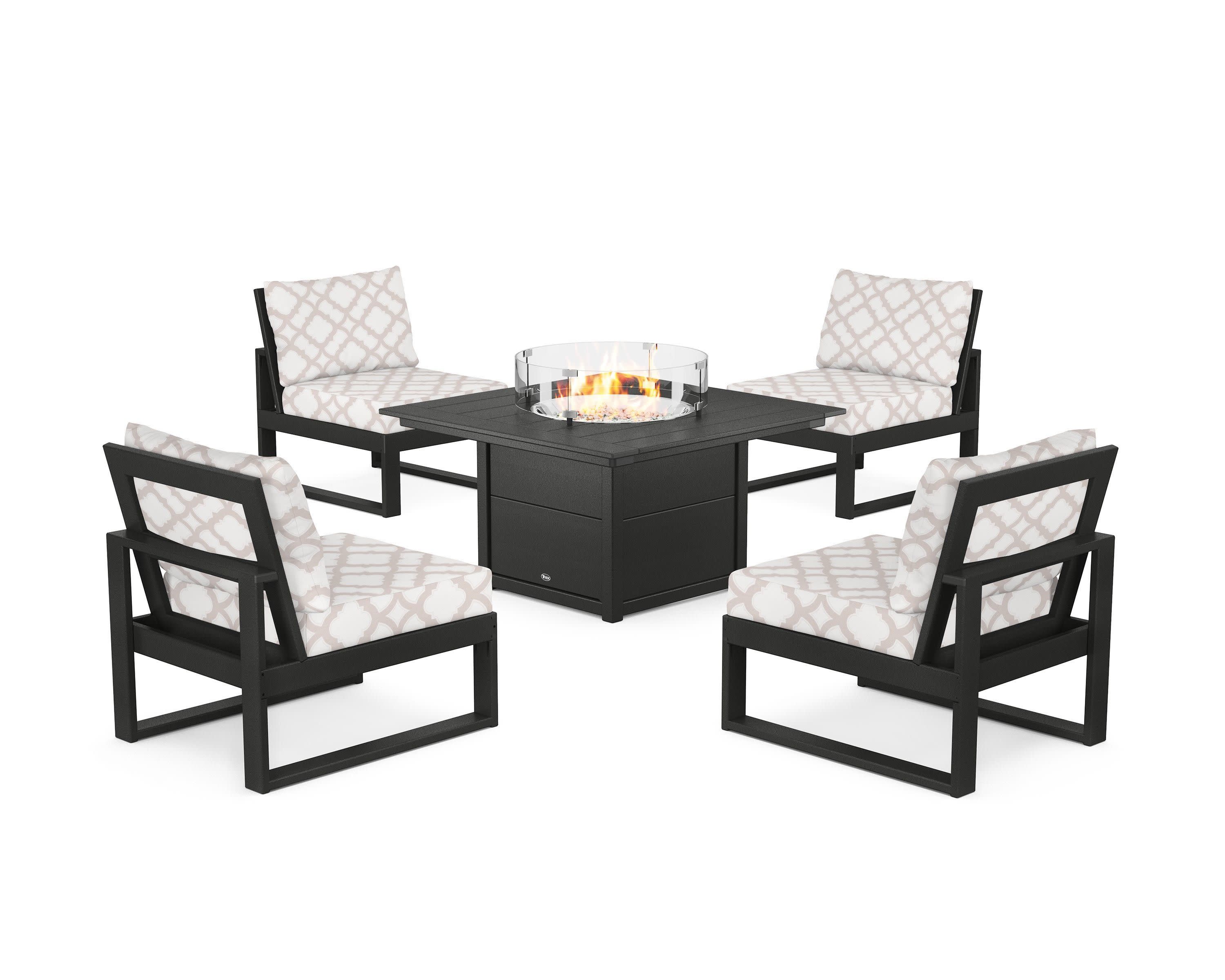 Eastport Modular 5-Piece Deep Seating Set with Square Fire Pit Table in Charcoal Black / Trellis Dune Burlap