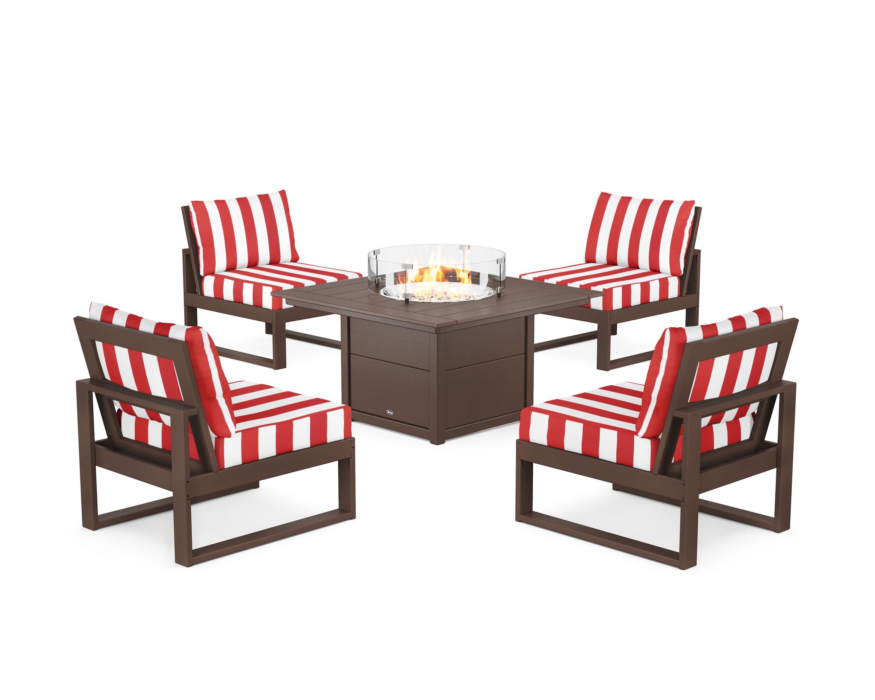 Eastport Modular 5-Piece Deep Seating Set with Square Fire Pit Table in Vintage Lantern / Cabana Stripe Crimson