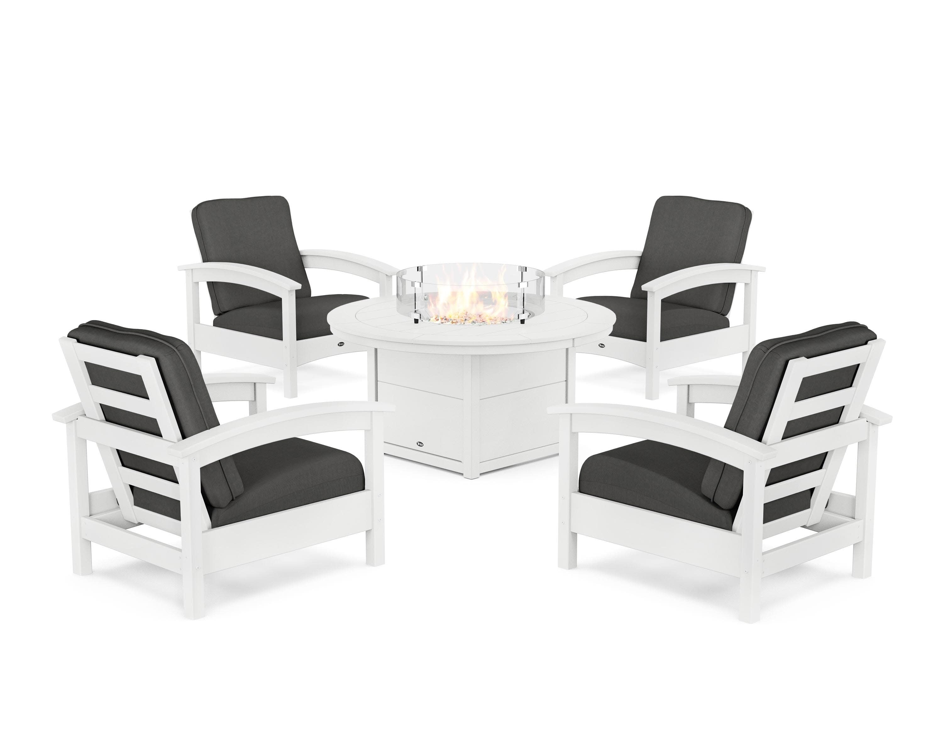 Rockport 5-Piece Deep Seating Set with Round Fire Pit Table in Classic White / Spectrum Carbon