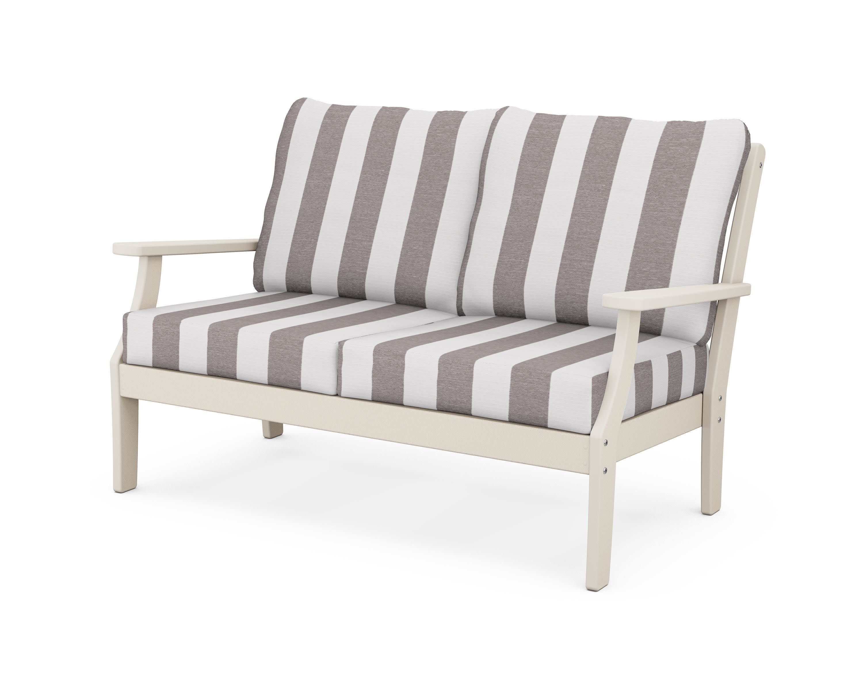 Yacht Club Deep Seating Loveseat in Sand Castle / Cabana Stripe Grey Mist