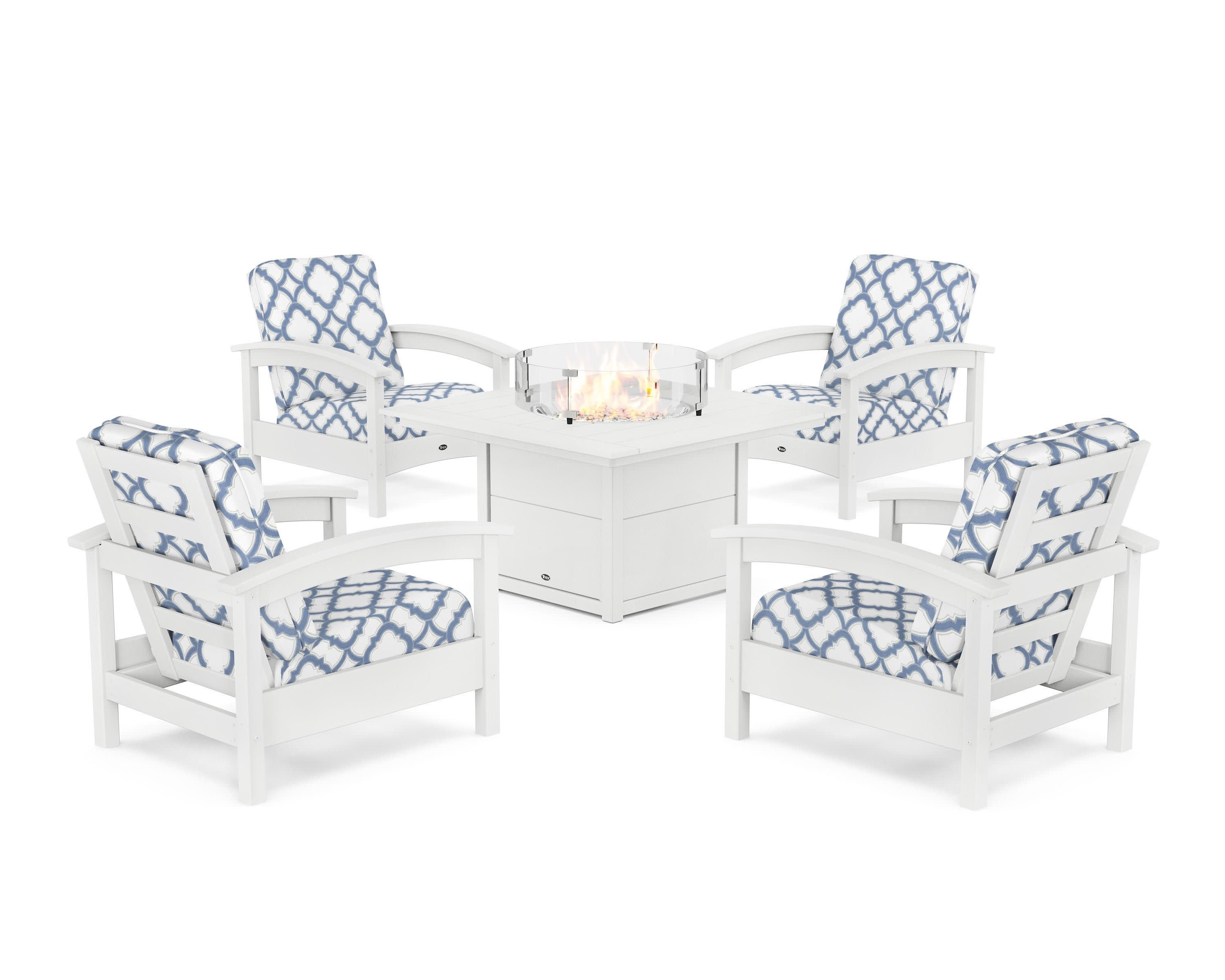 Rockport 5-Piece Deep Seating Set with Square Fire Pit Table in Classic White / Trellis Sky Blue