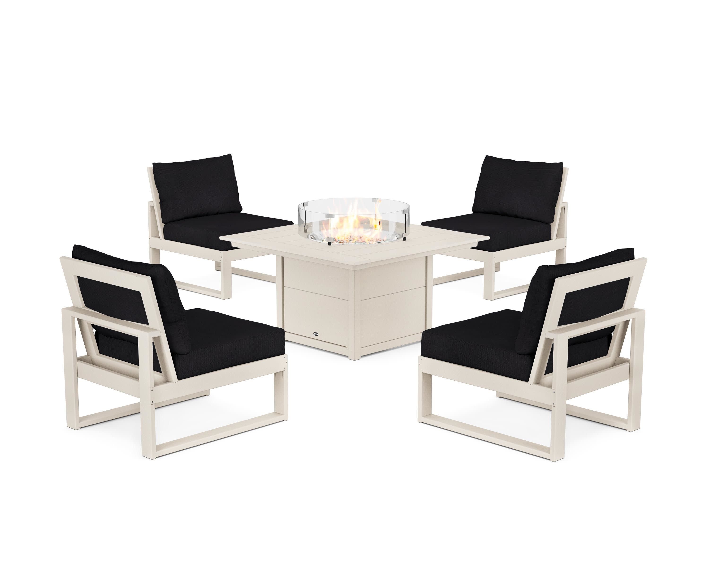 Eastport Modular 5-Piece Deep Seating Set with Square Fire Pit Table in Sand Castle / Midnight Linen