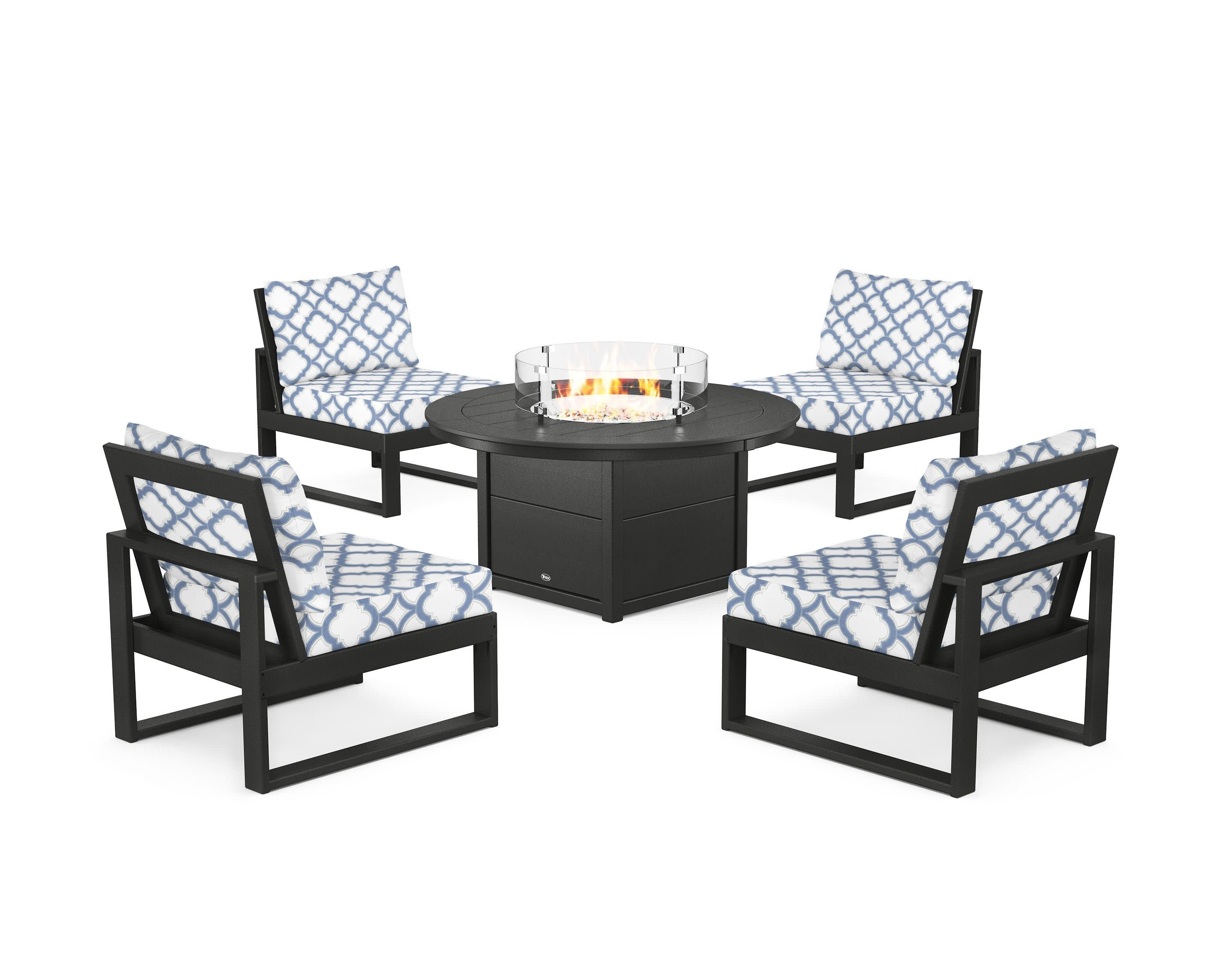 Eastport Modular 5-Piece Deep Seating Set with Round Fire Pit Table in Charcoal Black / Trellis Sky Blue