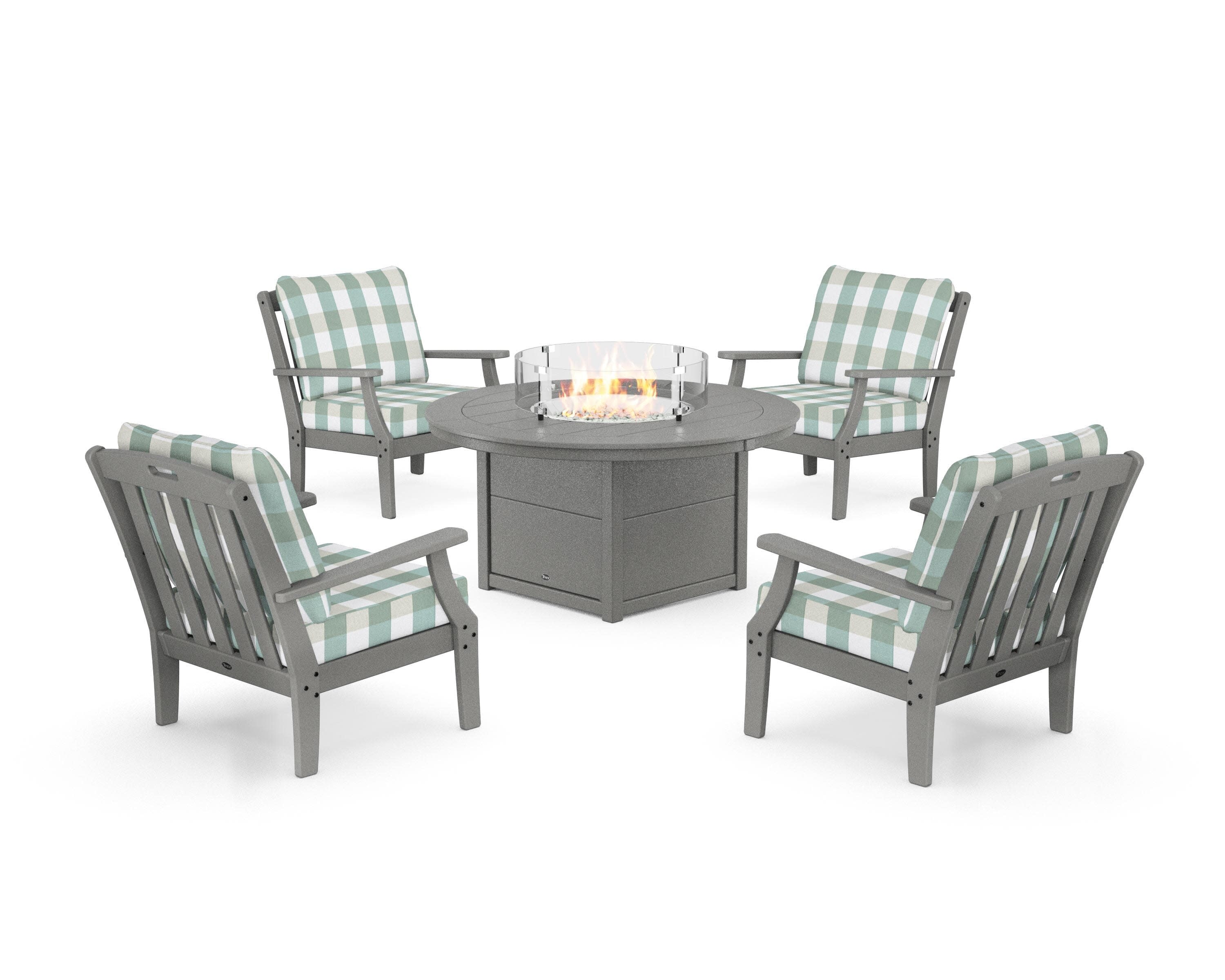 Yacht Club 5-Piece Deep Seating Set with Round Fire Pit Table in Stepping Stone / Buffalo Plaid Glacier Spa