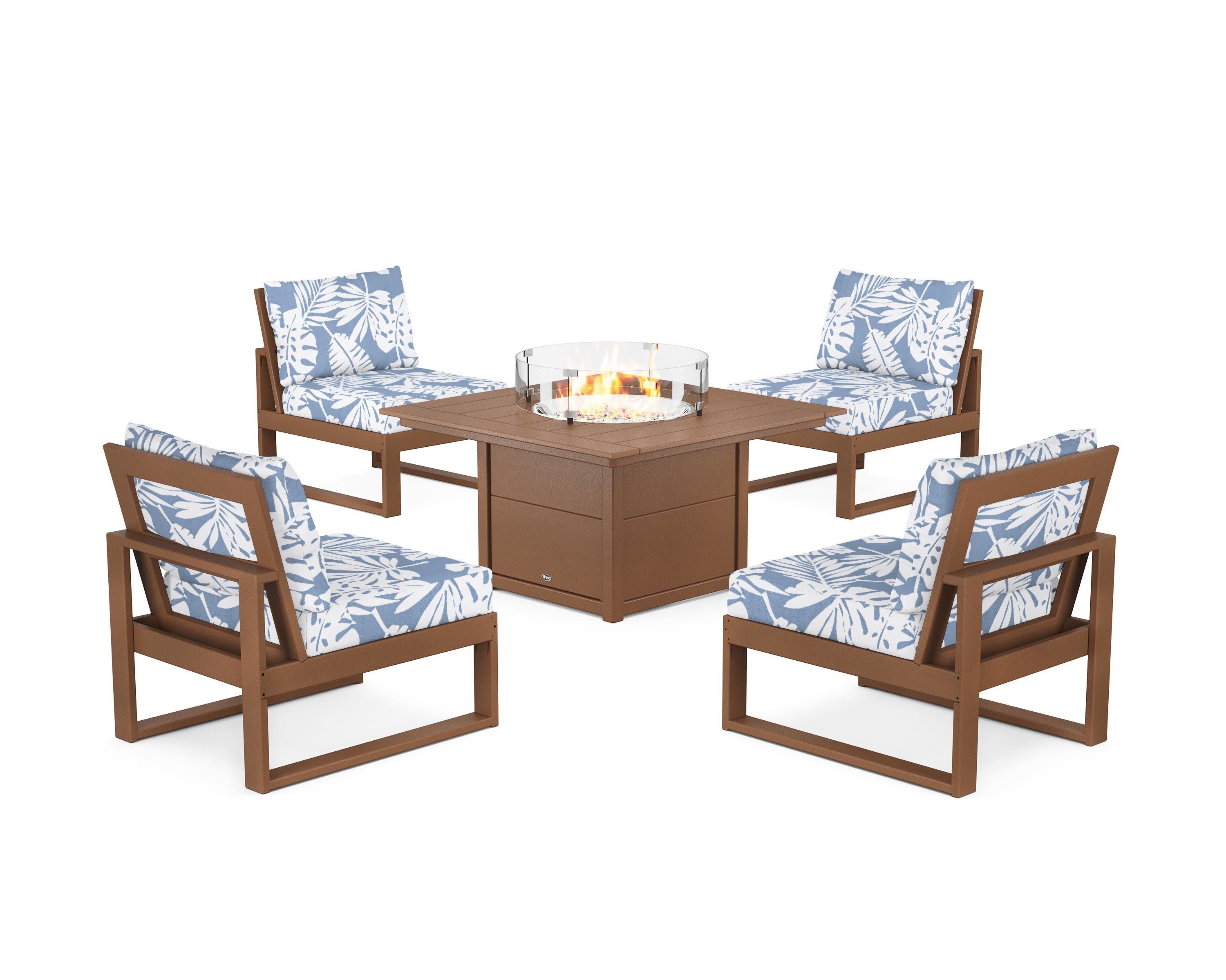 Eastport Modular 5-Piece Deep Seating Set with Square Fire Pit Table in Tree House / Leaf Sky Blue