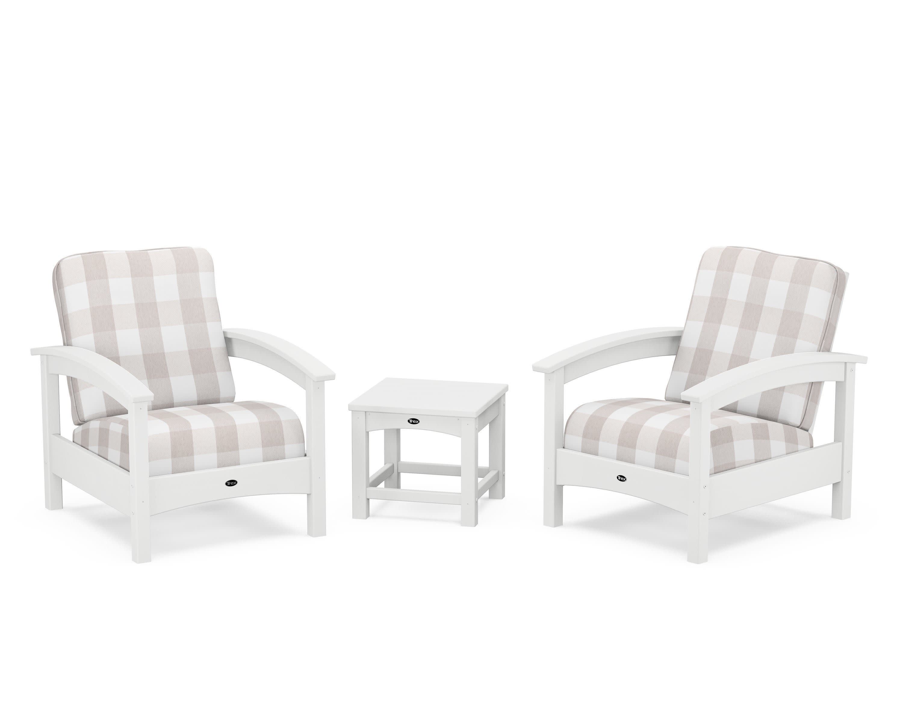 Rockport Club 3-Piece Deep Seating Conversation Set in Classic White / Buffalo Plaid Dune Burlap