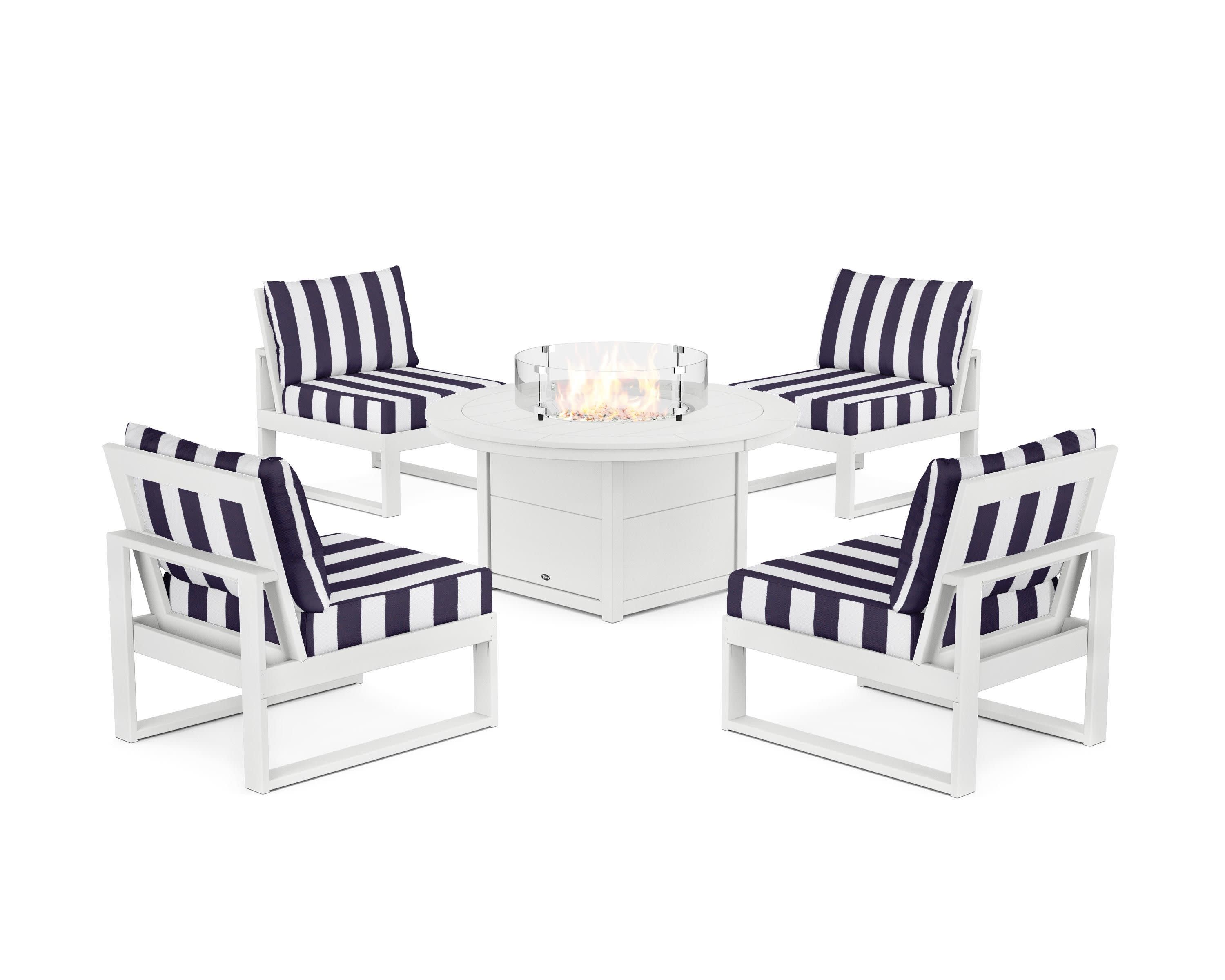 Eastport Modular 5-Piece Deep Seating Set with Round Fire Pit Table in Classic White / Cabana Stripe Navy