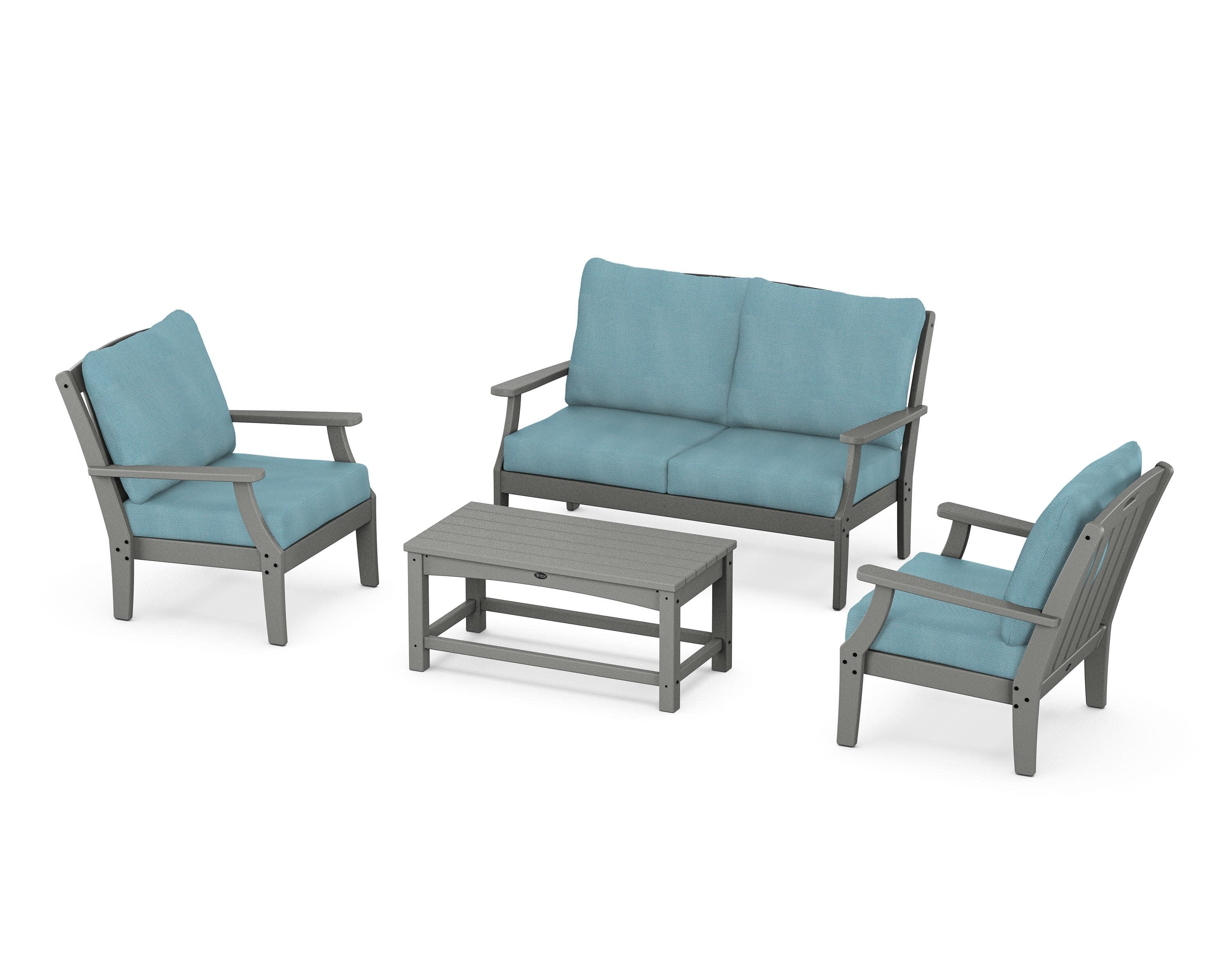Yacht Club 4-Piece Deep Seating Chair Set in Stepping Stone / Lattice Sky Blue